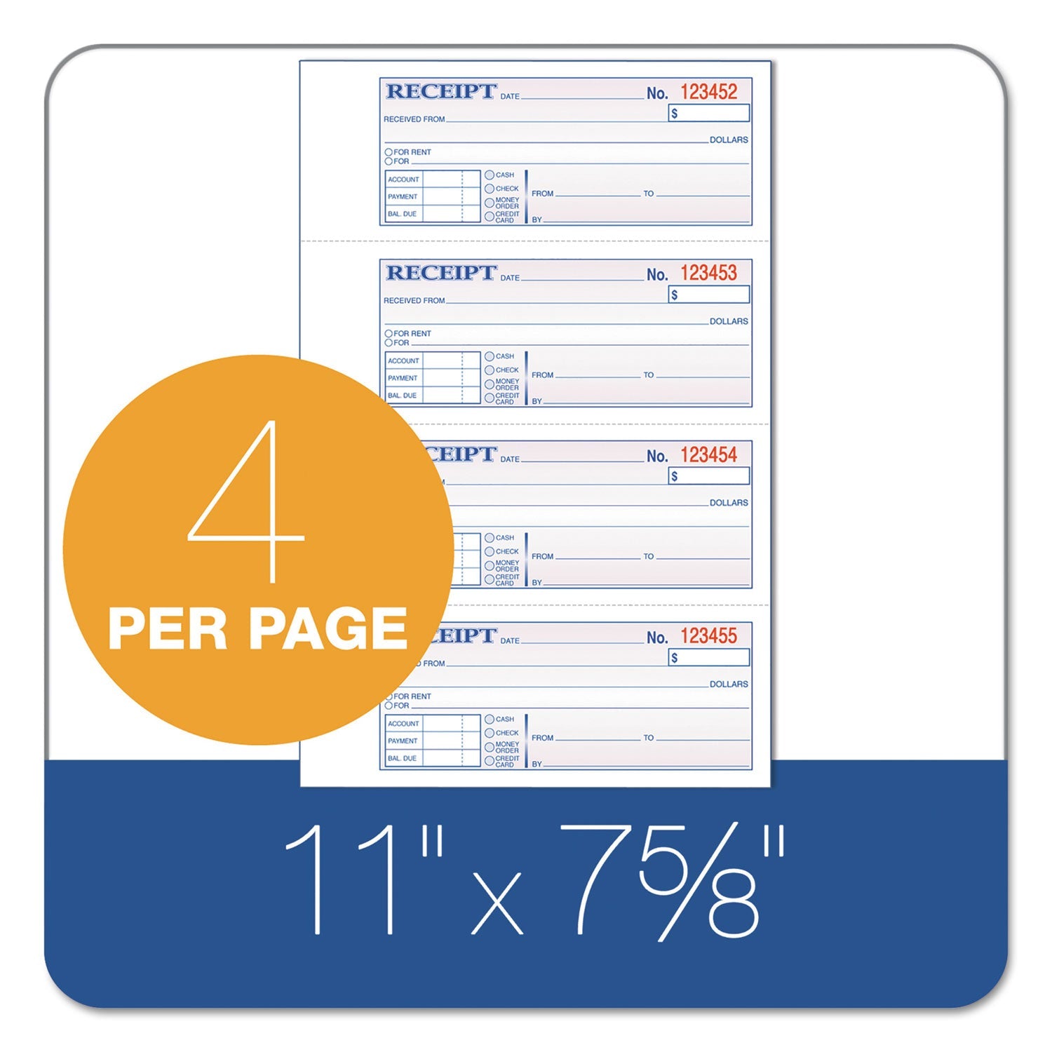 Adams® Multipart Money/Rent Receipt Book, Casebound (Hard Cover), Three-Part Carbonless, 7 x 2.75, 4 Forms/Sheet, 200 Forms Total
