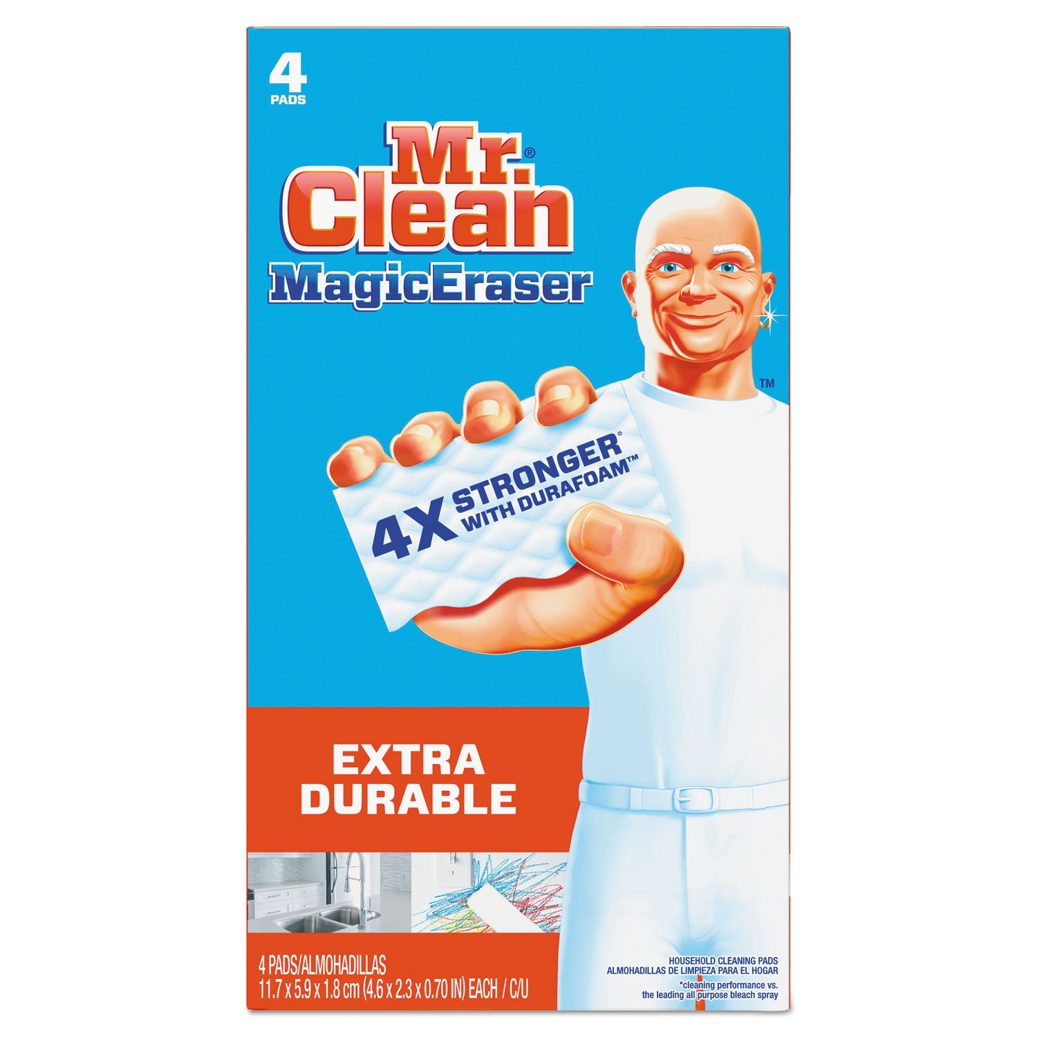Mr. Clean® Magic Eraser Extra Durable, 4.6 X 2.4, 0.7" Thick, 4/box
