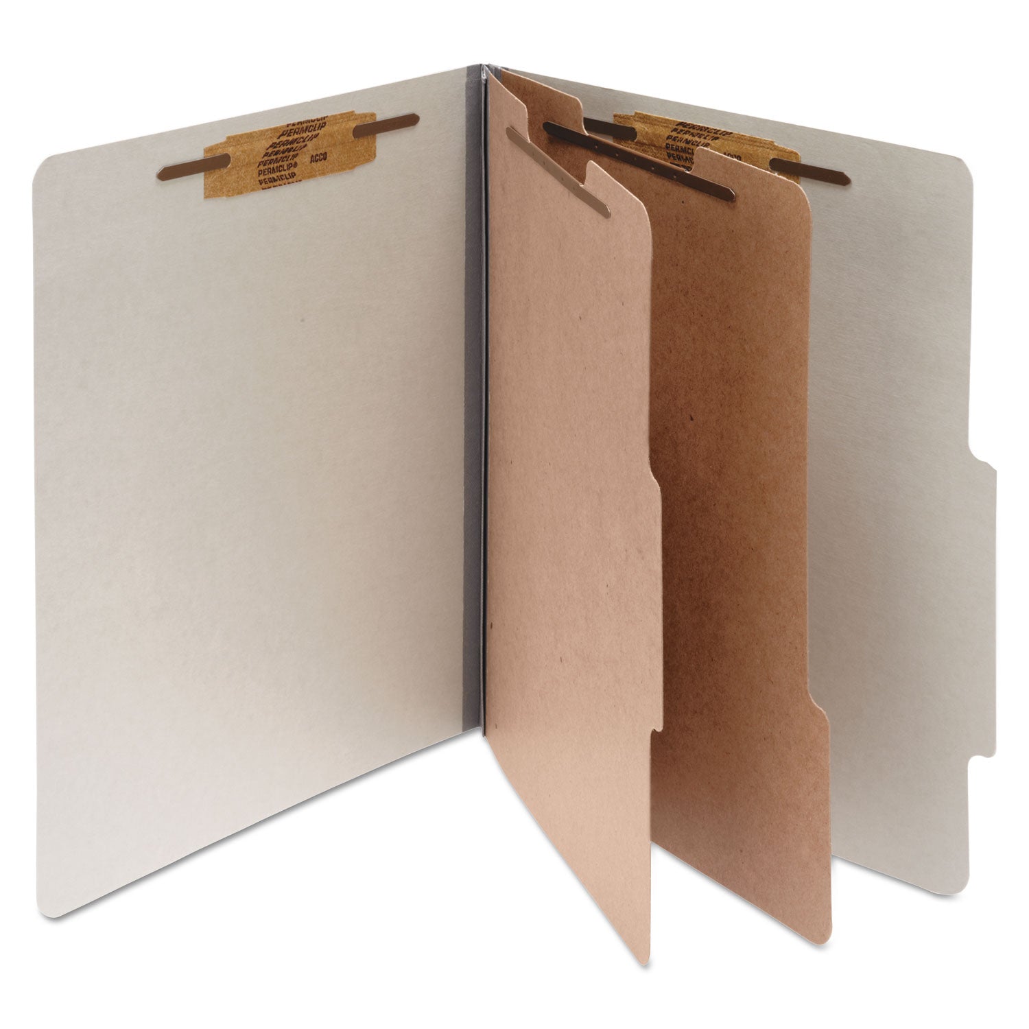 ACCO Pressboard Classification Folders, 3" Expansion, 2 Dividers, 6 Fasteners, Letter Size, Mist Gray Exterior, 10/Box