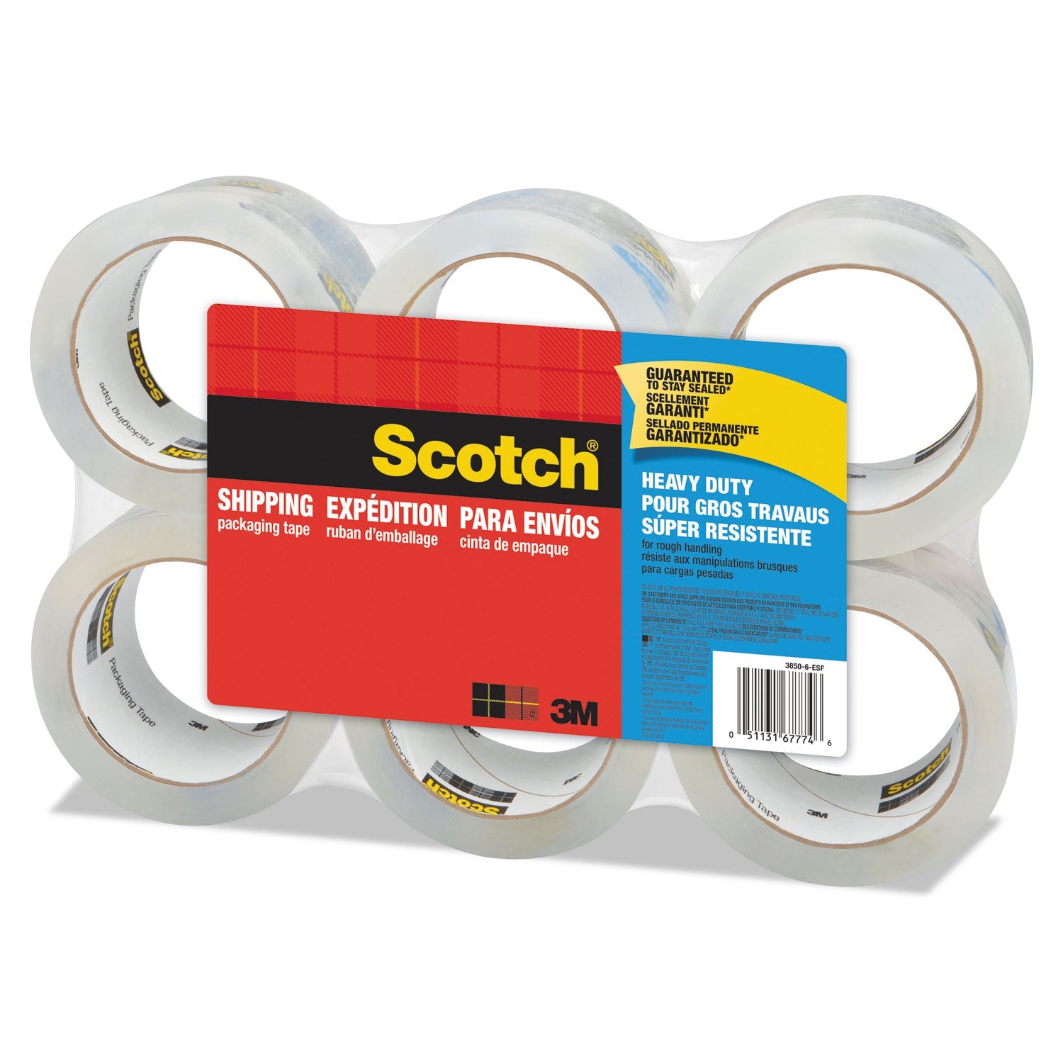 Scotch® 3850 Heavy-Duty Packaging Tape, 3" Core, 1.88" X 54.6 Yds, Clear, 6/pack