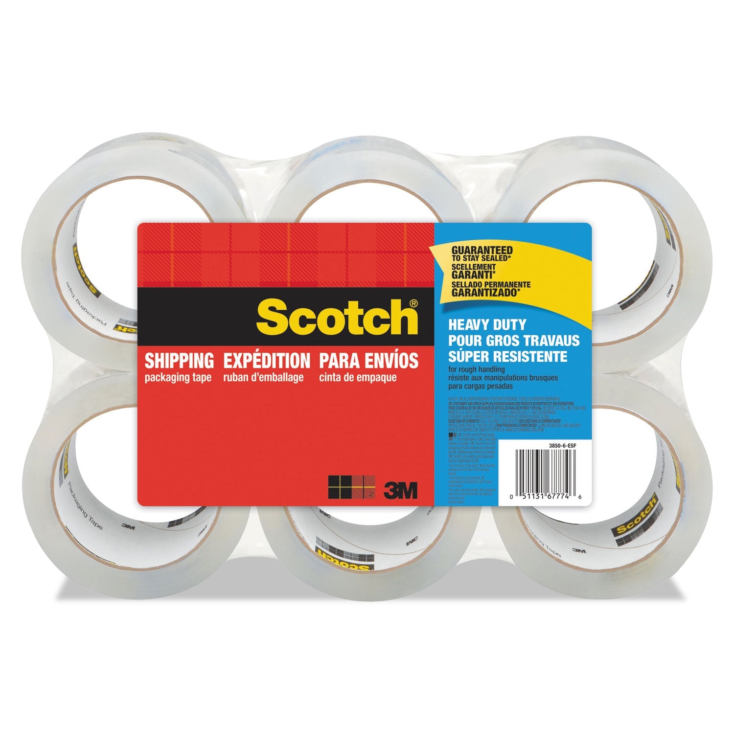 Scotch® 3850 Heavy-Duty Packaging Tape, 3" Core, 1.88" X 54.6 Yds, Clear, 6/pack
