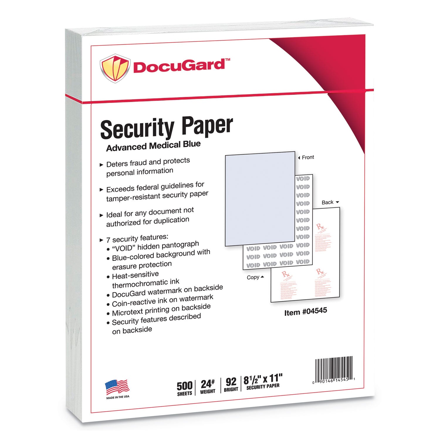 DocuGard™ Medical Security Papers, 24 lb Bond Weight, 8.5 x 11, Blue, 500/Ream