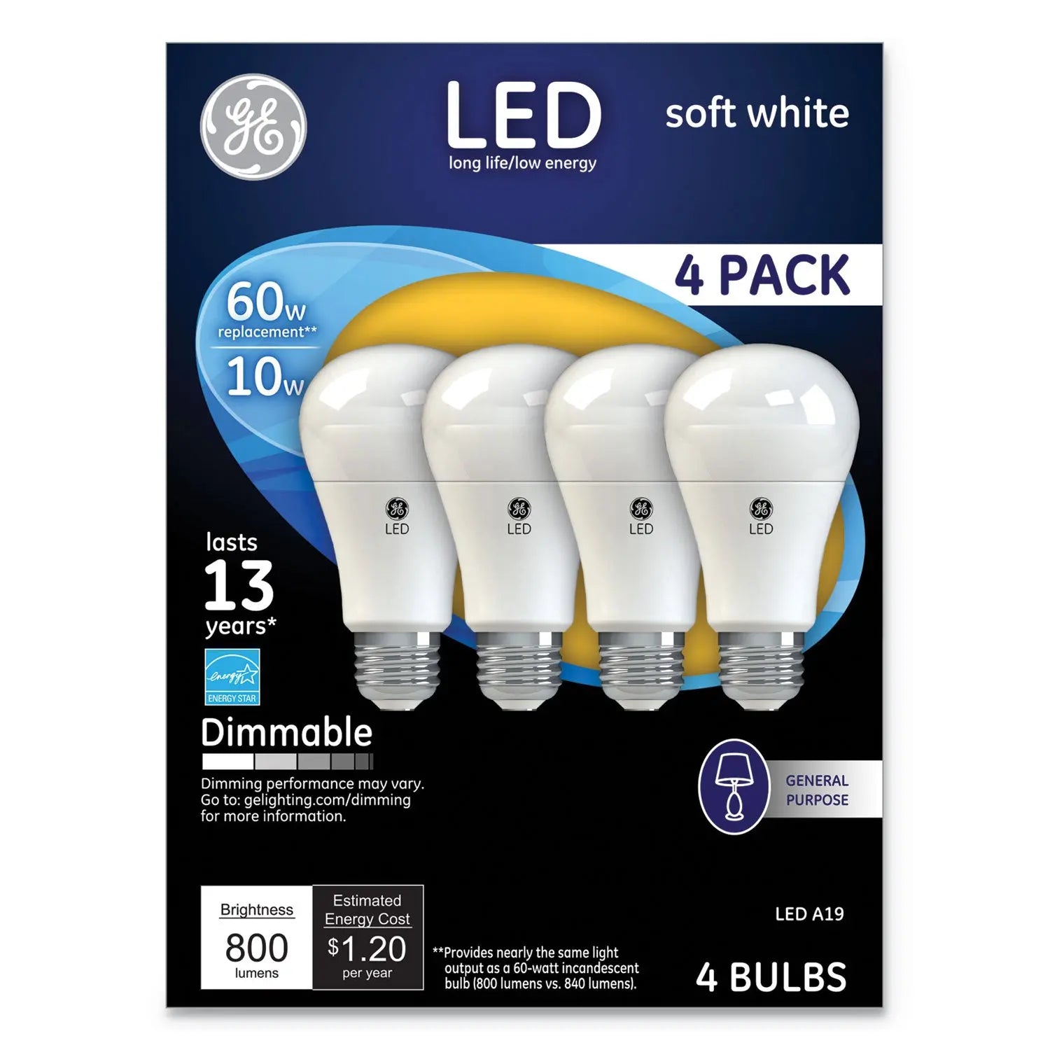 GE Led Soft White A19 Dimmable Light Bulb, 10 W, 4/pack