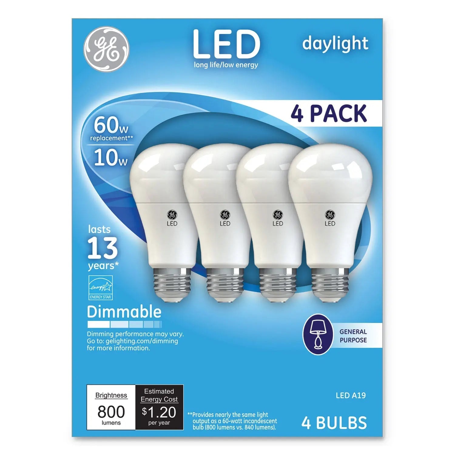 GE Led Daylight A19 Dimmable Light Bulb, 10 W, 4/pack