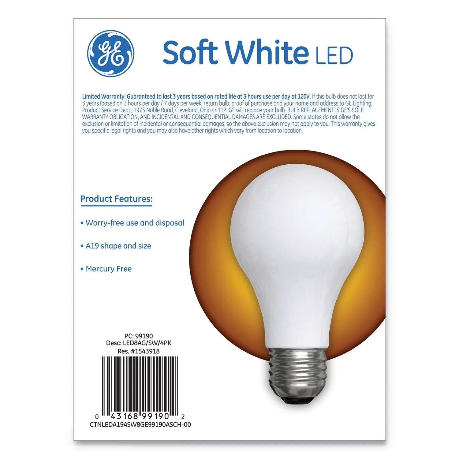 GE Classic Led Soft White Non-Dim A19 Light Bulb, 8 W, 4/pack