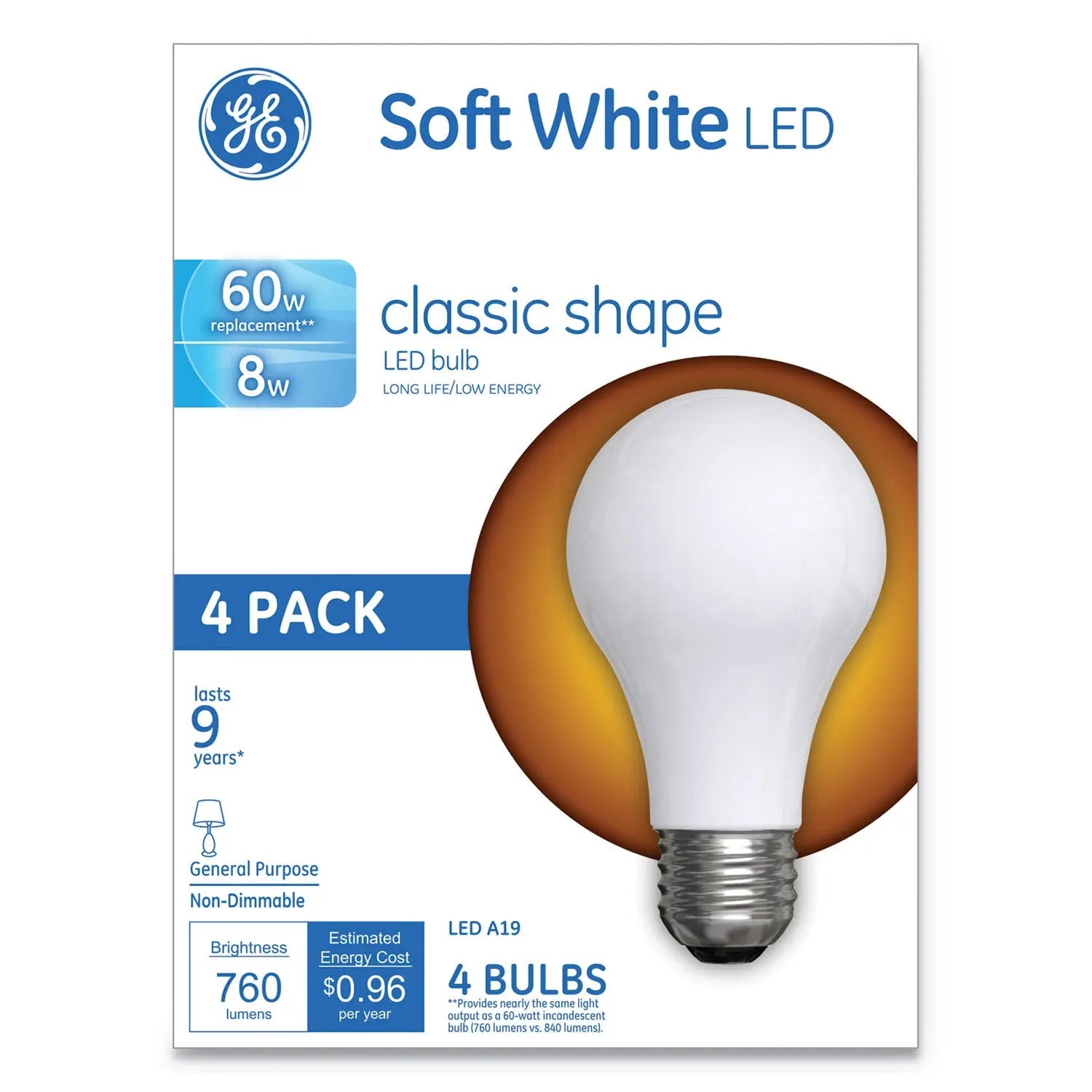 GE Classic Led Soft White Non-Dim A19 Light Bulb, 8 W, 4/pack
