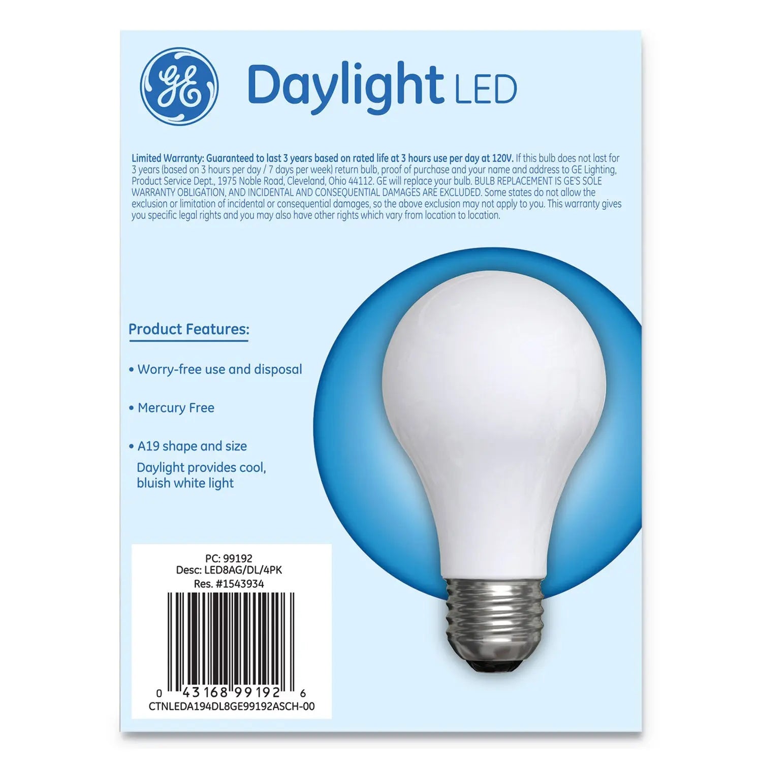 GE Classic LED Non-Dim A19 Light Bulb, 8 W, Daylight, 4/Pack
