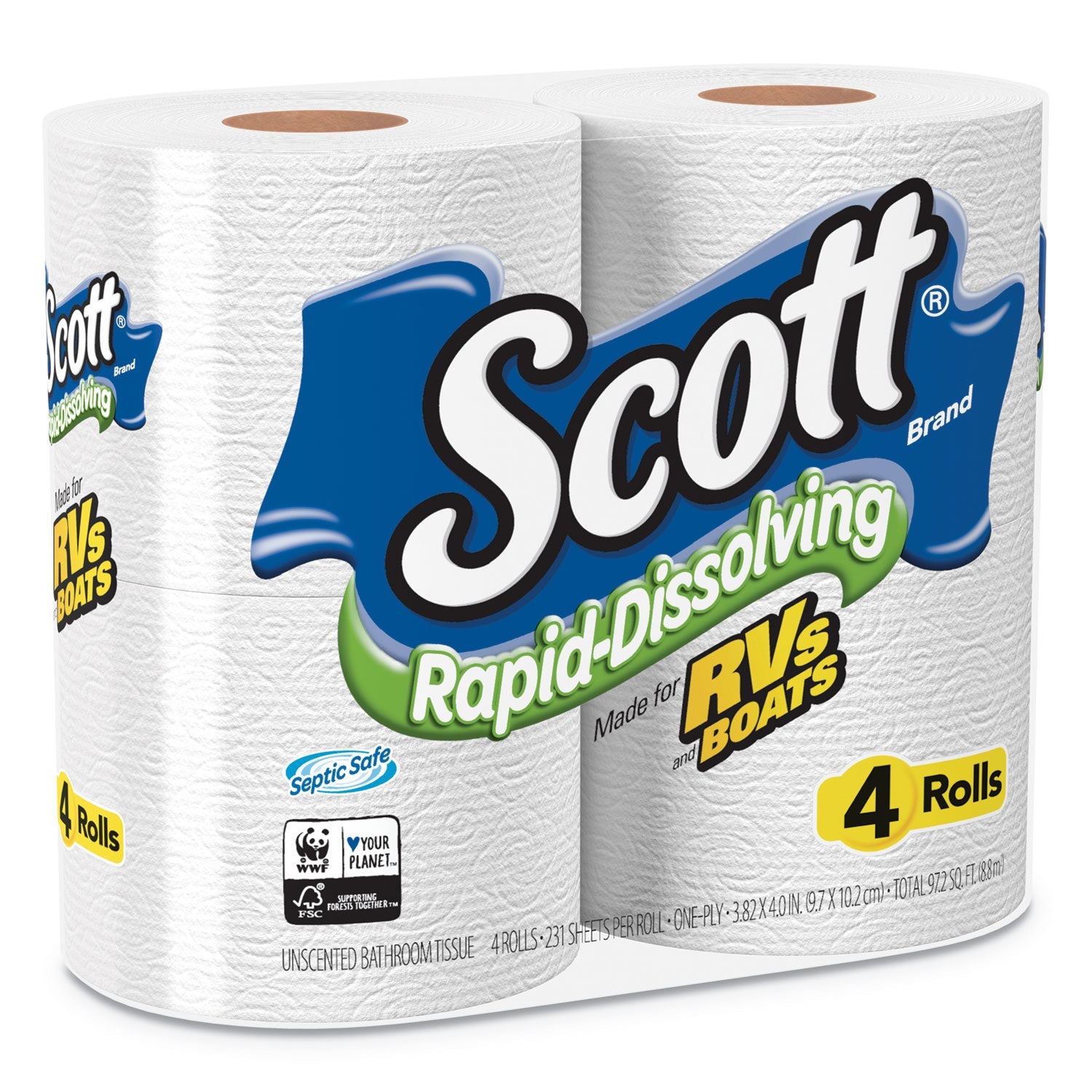 Scott® Rapid-Dissolving Toilet Paper, Bath Tissue, Septic Safe, 1-Ply, White, 231 Sheets/roll, 4/rolls/pack, 12 Packs/carton