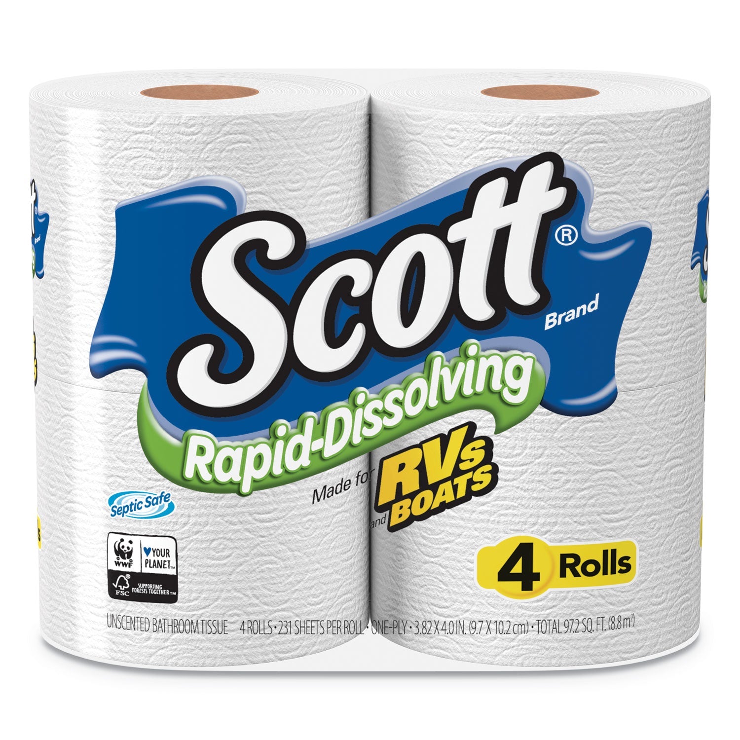 Scott® Rapid-Dissolving Toilet Paper, Bath Tissue, Septic Safe, 1-Ply, White, 231 Sheets/roll, 4/rolls/pack, 12 Packs/carton