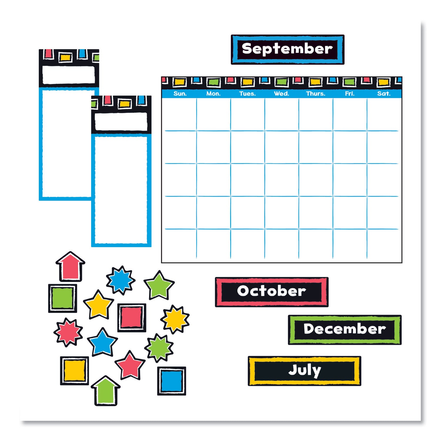 TREND® Bold Strokes Wipe-Off Calendar Bulletin Board Set, 30-Piece Set, 12-Month Calendar, 18" x 26.5", Assorted Colors