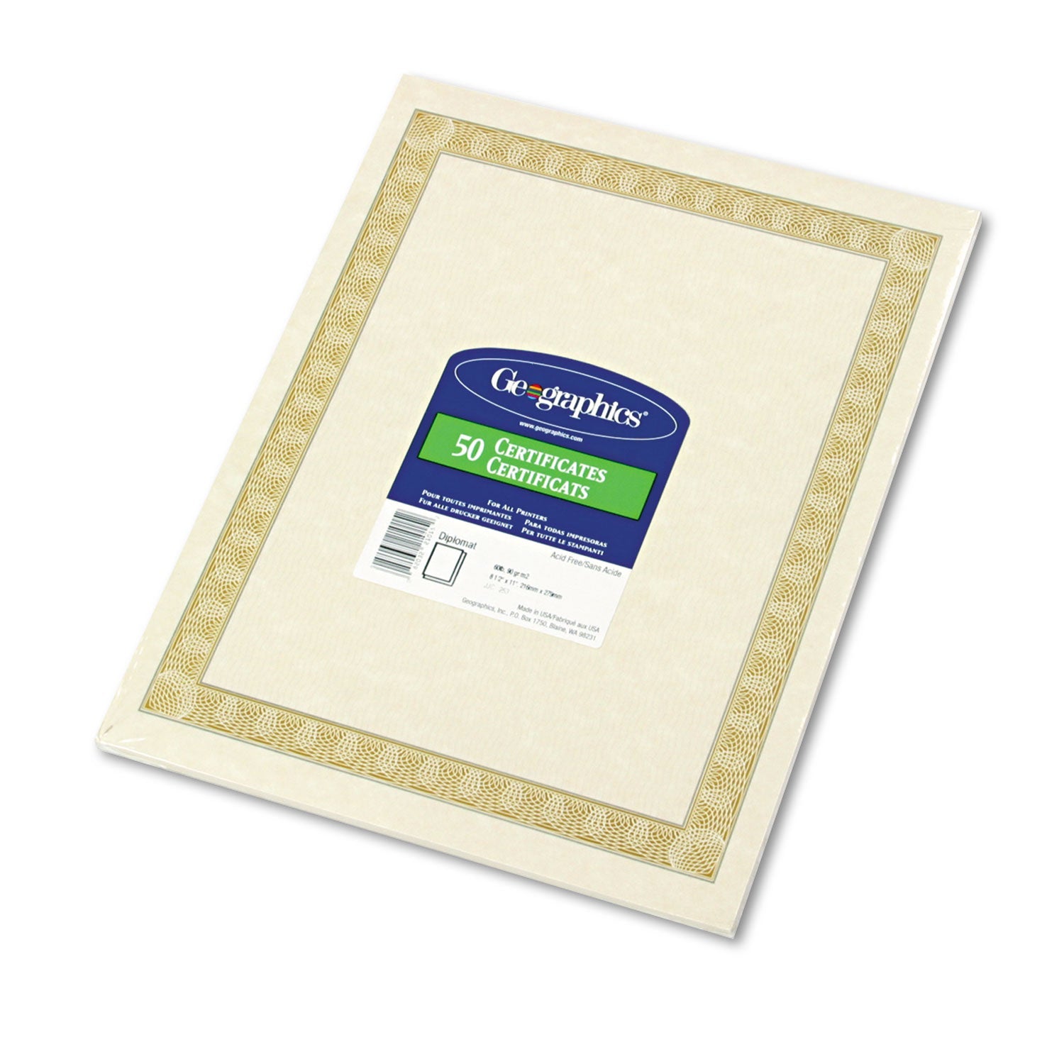 Geographics® Archival Quality Parchment Paper Certificates, 11 X 8.5, Horizontal Orientation, Natural With White Diplomat Border, 50/pack