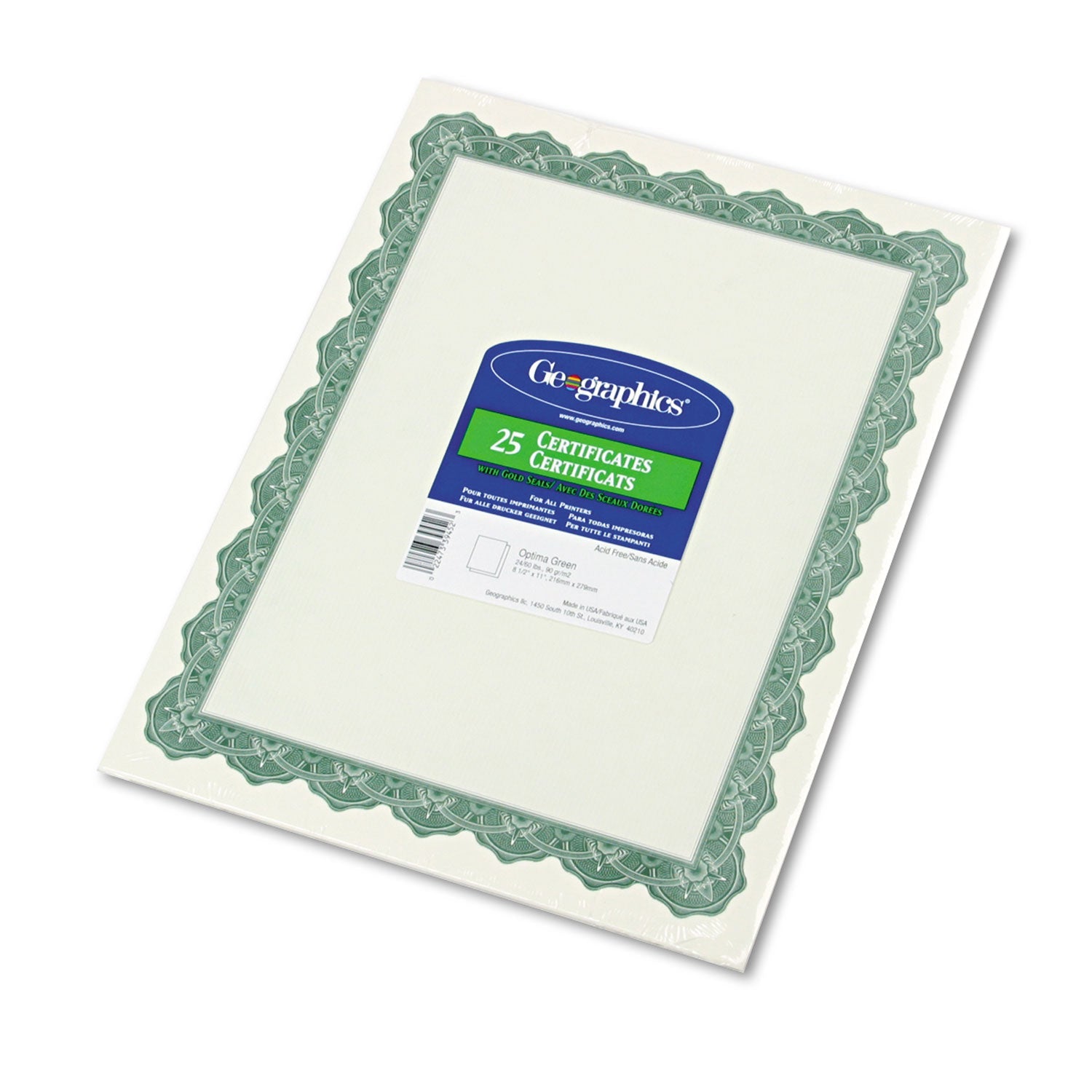 Geographics® Parchment Paper Certificates, 8.5 X 11, Optima Green With White Border, 25/pack