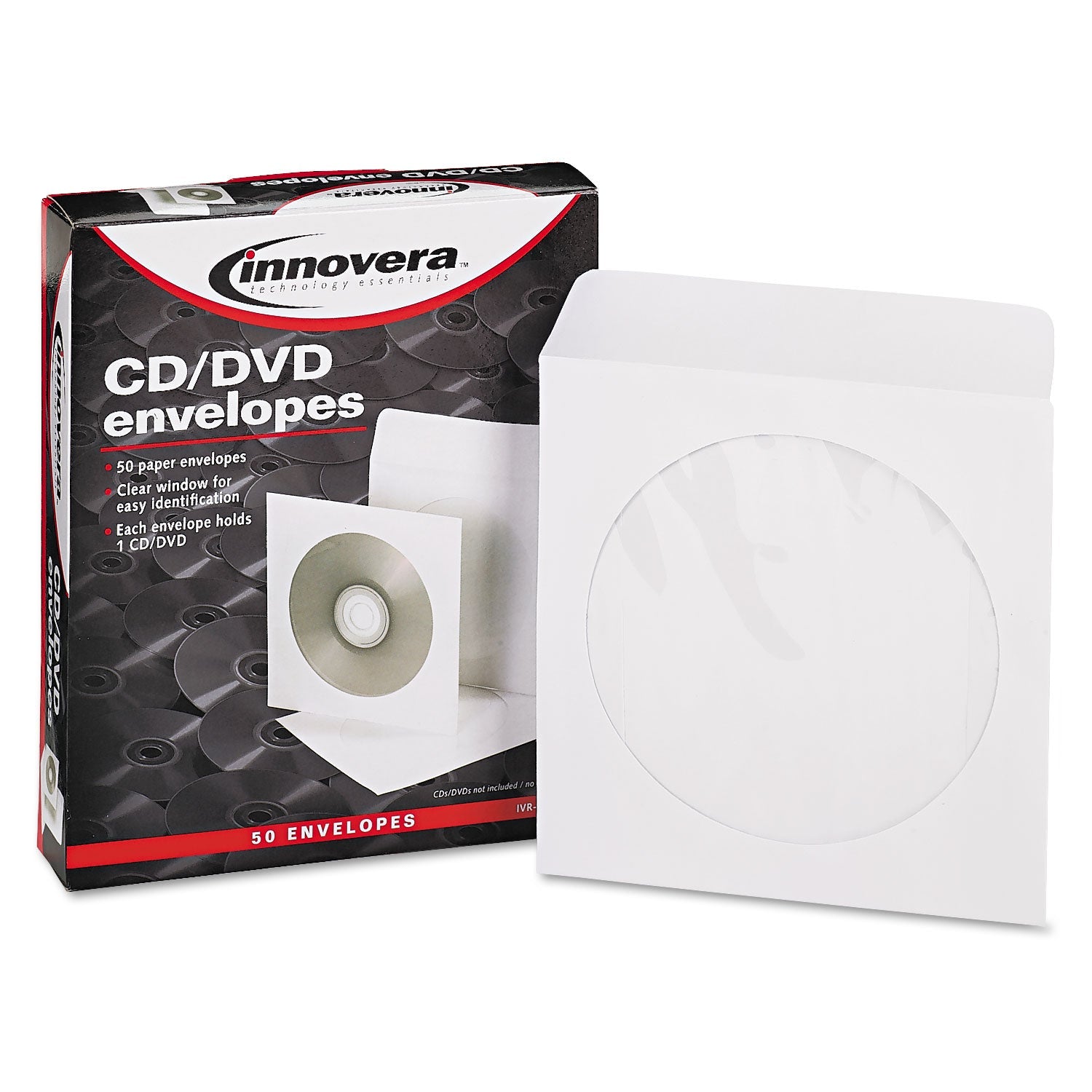 Innovera® CD/DVD Envelopes, Clear Window, 1 Disc Capacity, White, 50/Pack