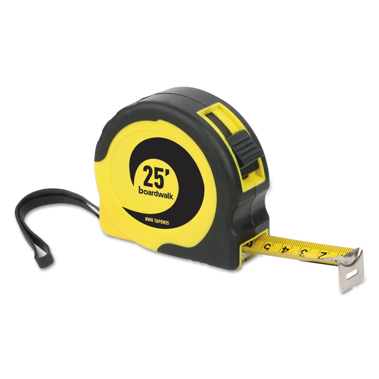 Boardwalk® Easy Grip Tape Measure, 25 Ft, Plastic Case, Black And Yellow, 1/16" Graduations