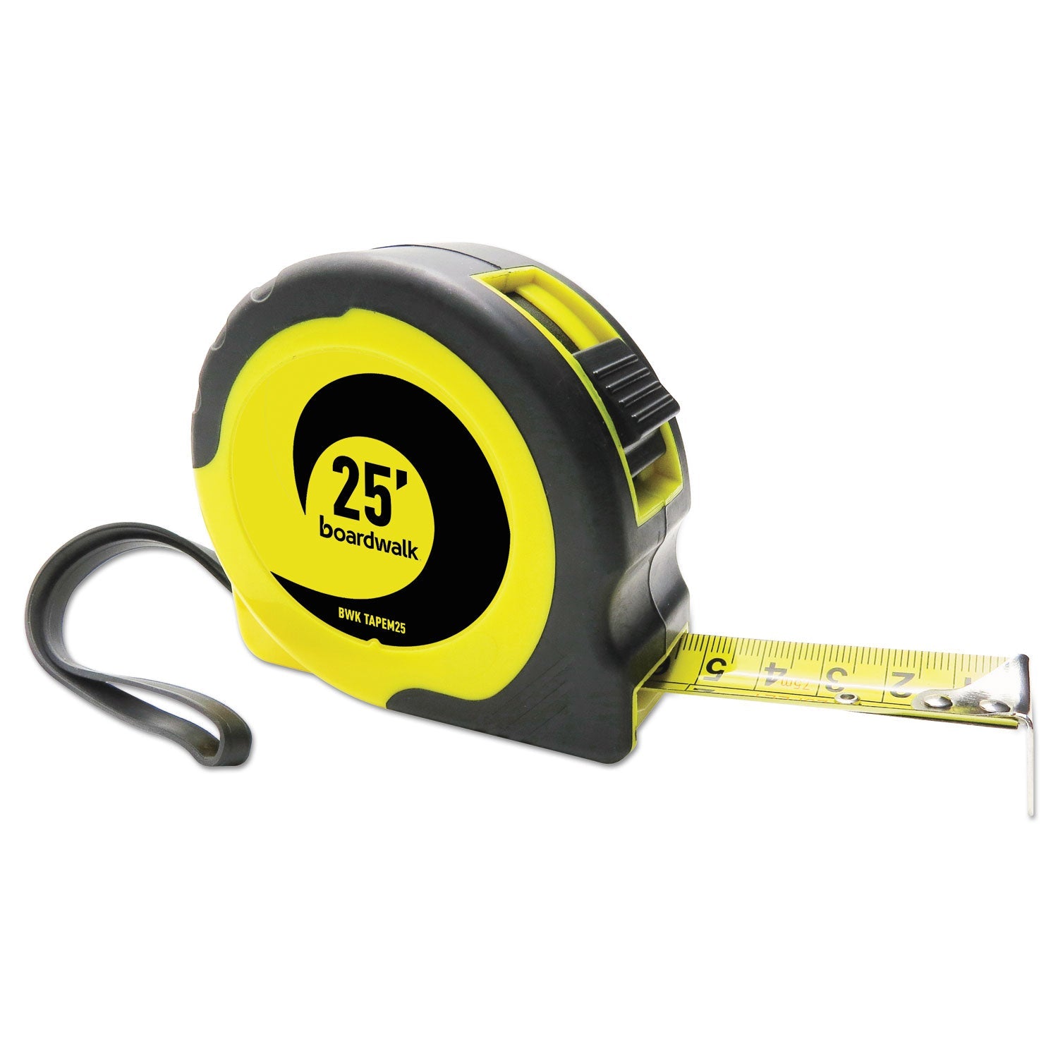 Boardwalk® Easy Grip Tape Measure, 25 Ft, Plastic Case, Black And Yellow, 1/16" Graduations