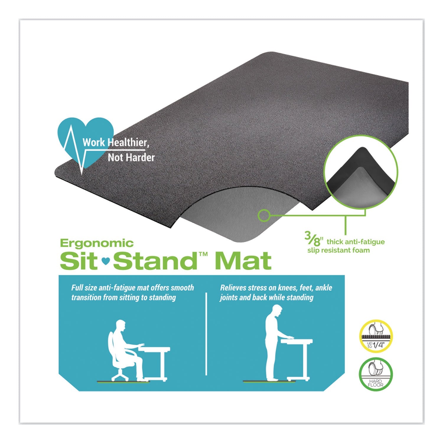 deflecto® Ergonomic Sit Stand Mat, 53 X 45, Black