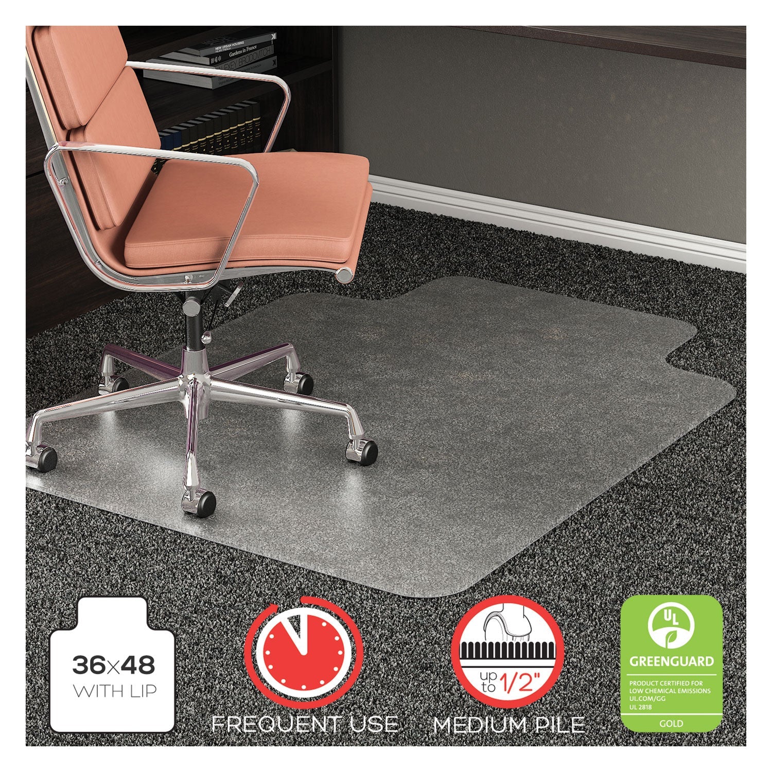 deflecto® Rollamat Frequent Use Chair Mat, Med Pile Carpet, Flat, 36 X 48, Lipped, Clear