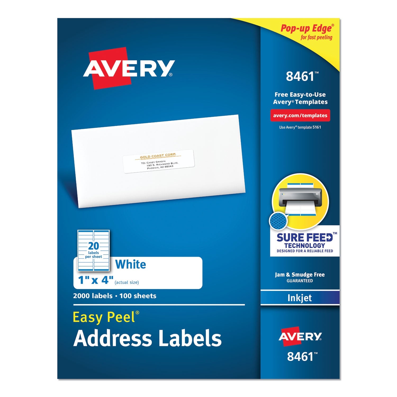 Avery® Easy Peel White Address Labels W/ Sure Feed Technology, Inkjet Printers, 1 X 4, White, 20/sheet, 100 Sheets/box