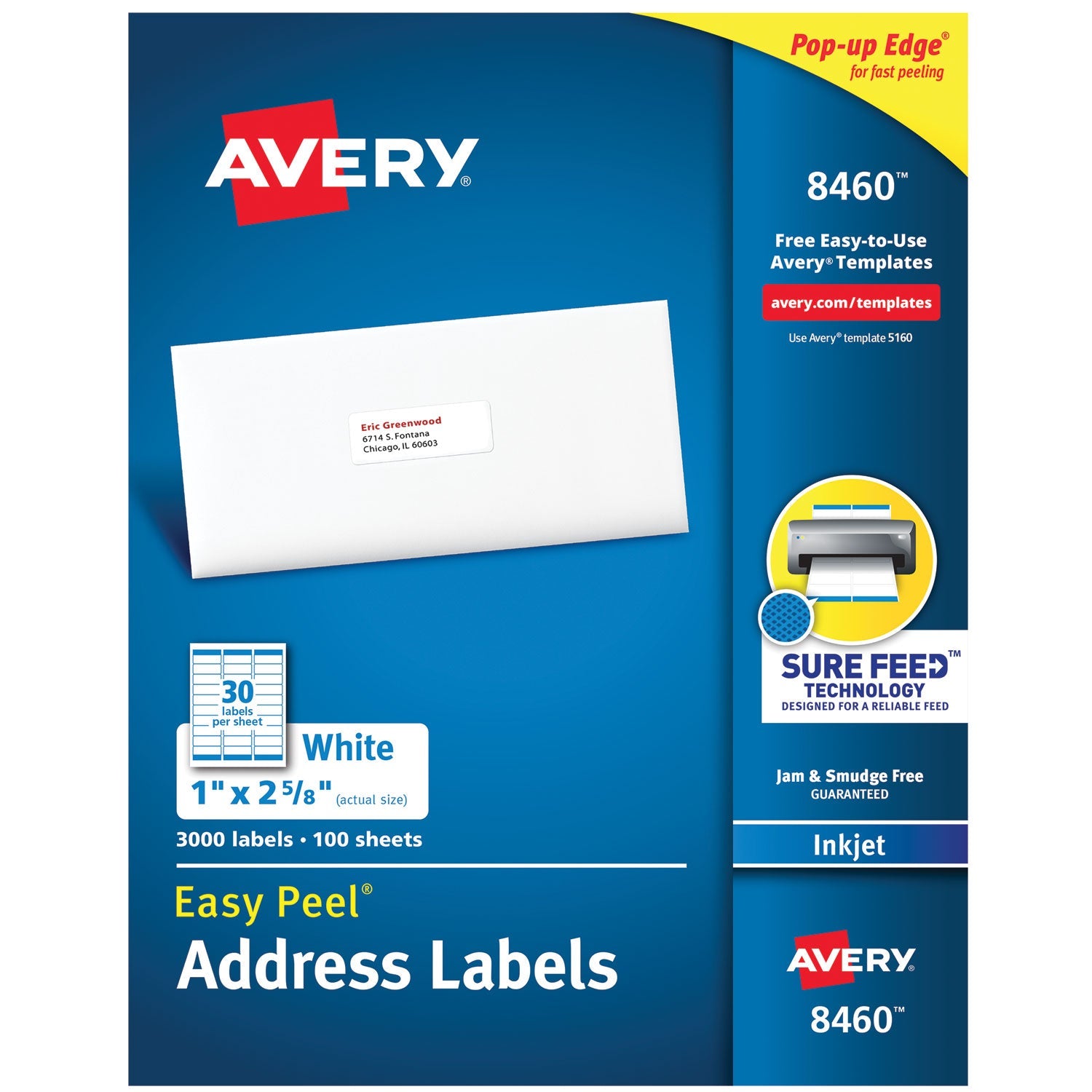 Avery® Easy Peel White Address Labels W/ Sure Feed Technology, Inkjet Printers, 1 X 2.63, White, 30/sheet, 100 Sheets/box