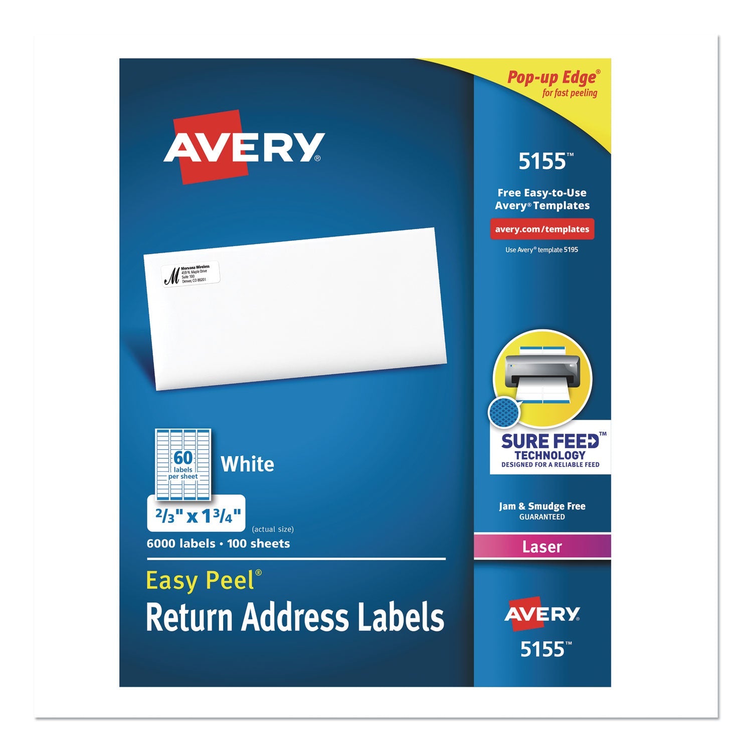 Avery® Easy Peel White Address Labels W/ Sure Feed Technology, Laser Printers, 0.66 X 1.75, White, 60/sheet, 100 Sheets/pack
