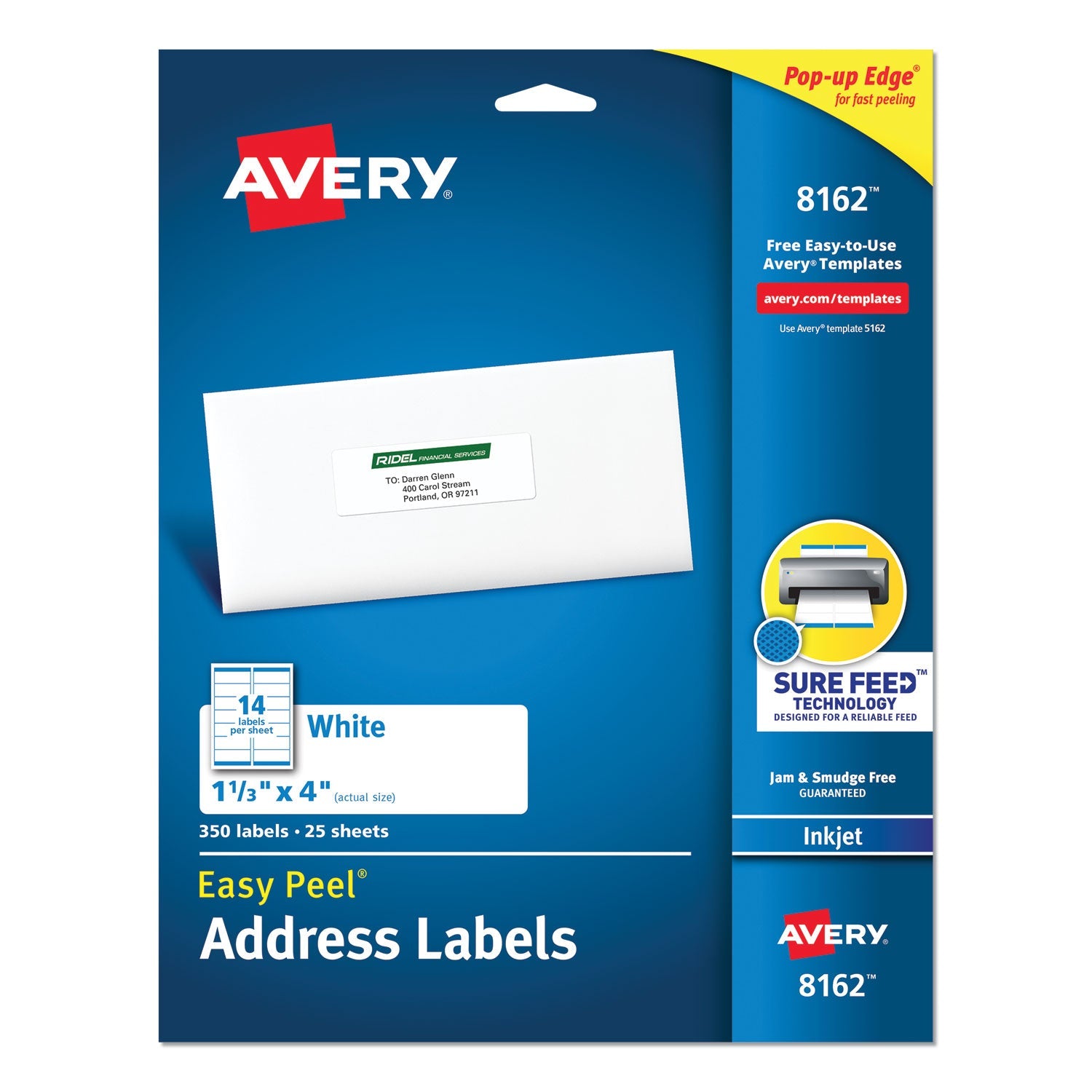 Avery® Easy Peel White Address Labels W/ Sure Feed Technology, Inkjet Printers, 1.33 X 4, White, 14/sheet, 25 Sheets/pack