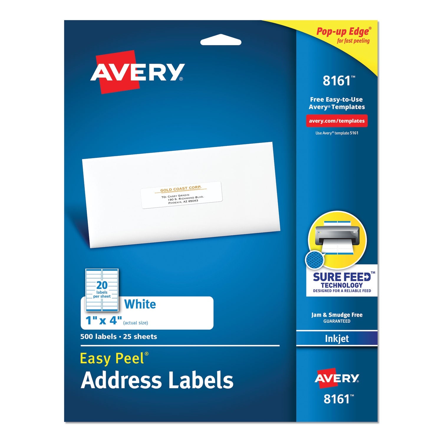 Avery® Easy Peel White Address Labels W/ Sure Feed Technology, Inkjet Printers, 1 X 4, White, 20/sheet, 25 Sheets/pack