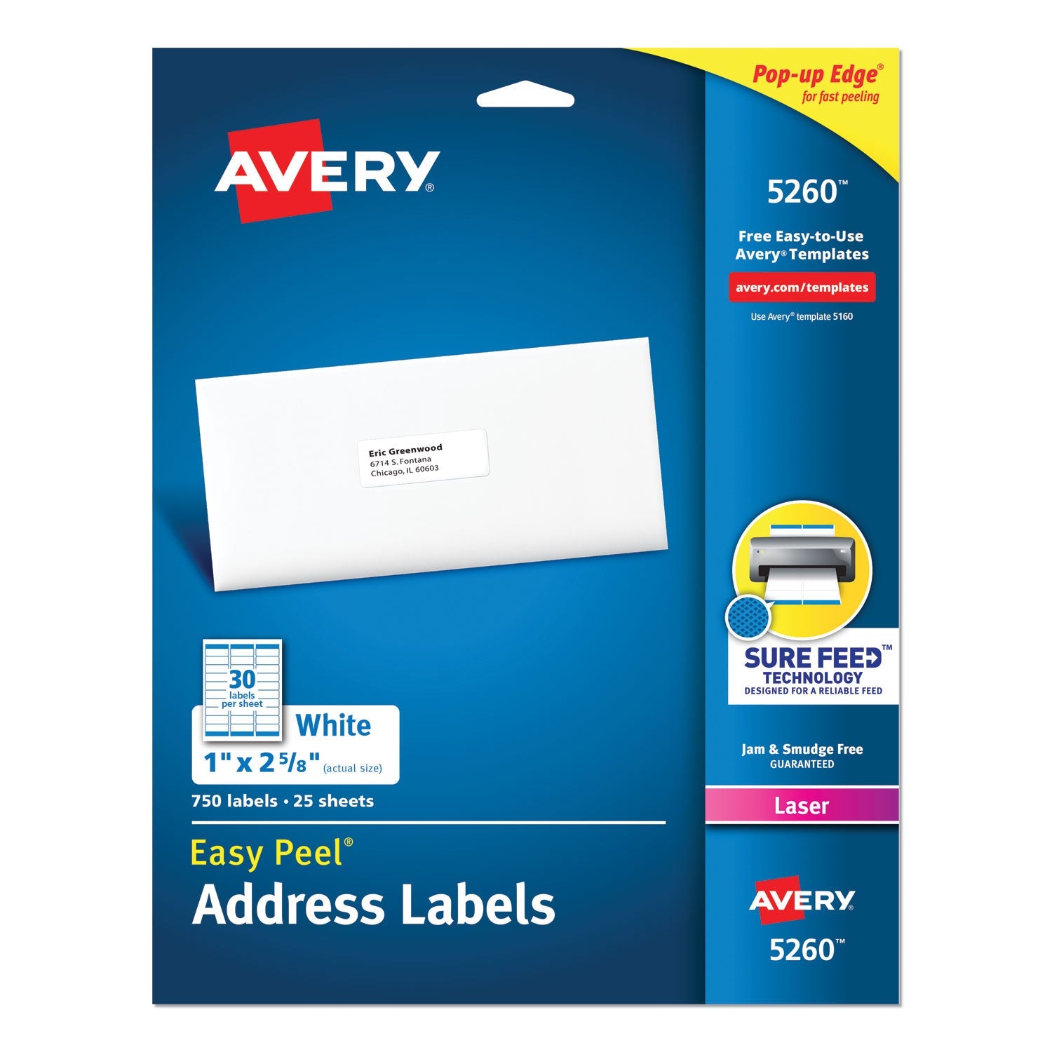 Avery® Easy Peel White Address Labels W/ Sure Feed Technology, Laser Printers, 1 X 2.63, White, 30/sheet, 25 Sheets/pack