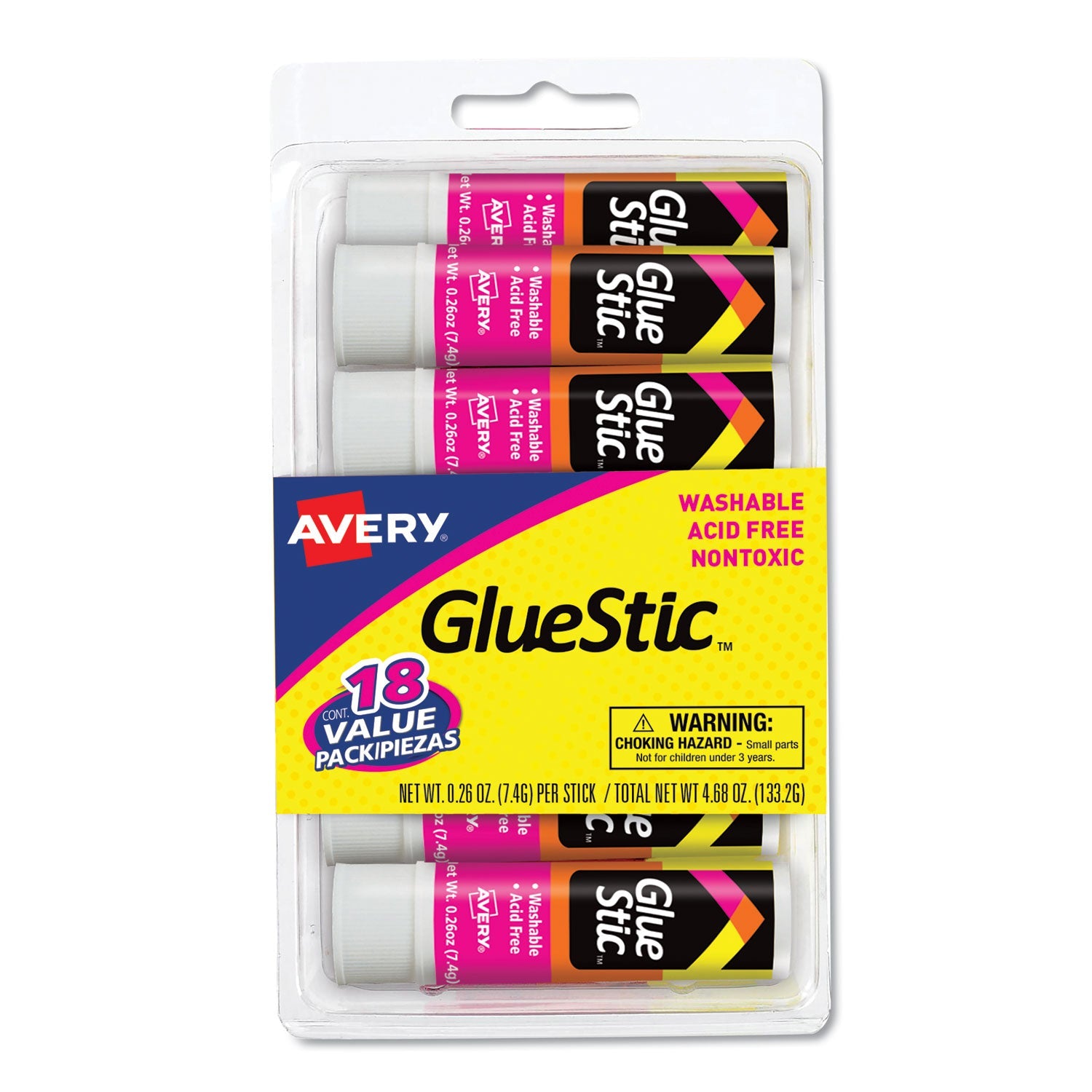 Avery® Permanent Glue Stic Value Pack, 0.26 Oz, Applies White, Dries Clear, 18/pack
