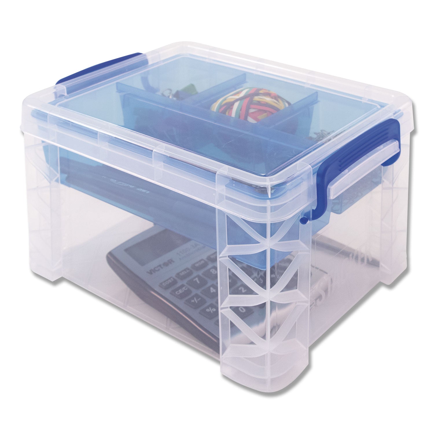 Advantus Super Stacker Divided Storage Box, 5 Sections, 7.5" X 10.13" X 6.5", Clear/blue