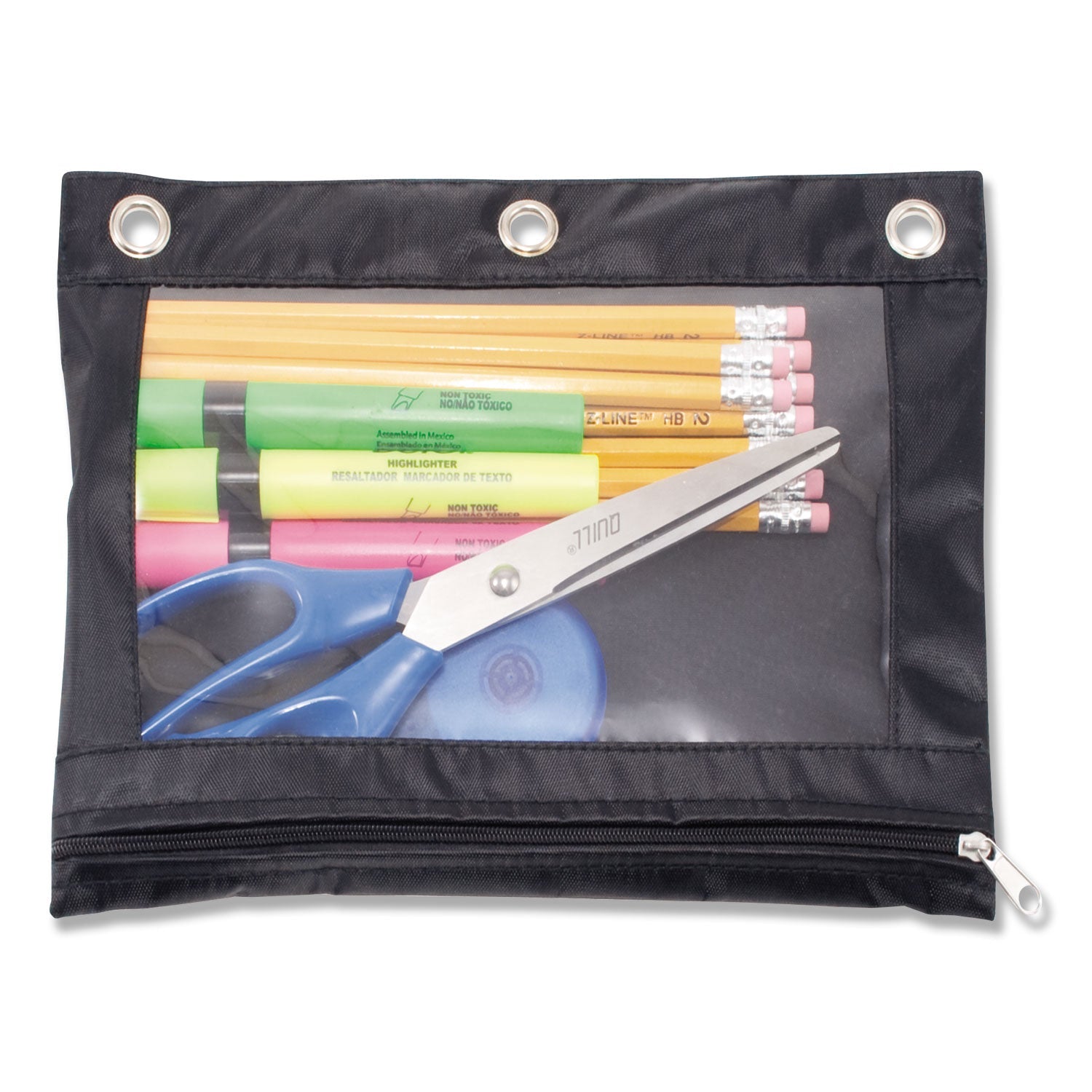 Advantus Binder Pencil Pouch, 3-Hole Punched, 10" x 7.38", Black/Clear