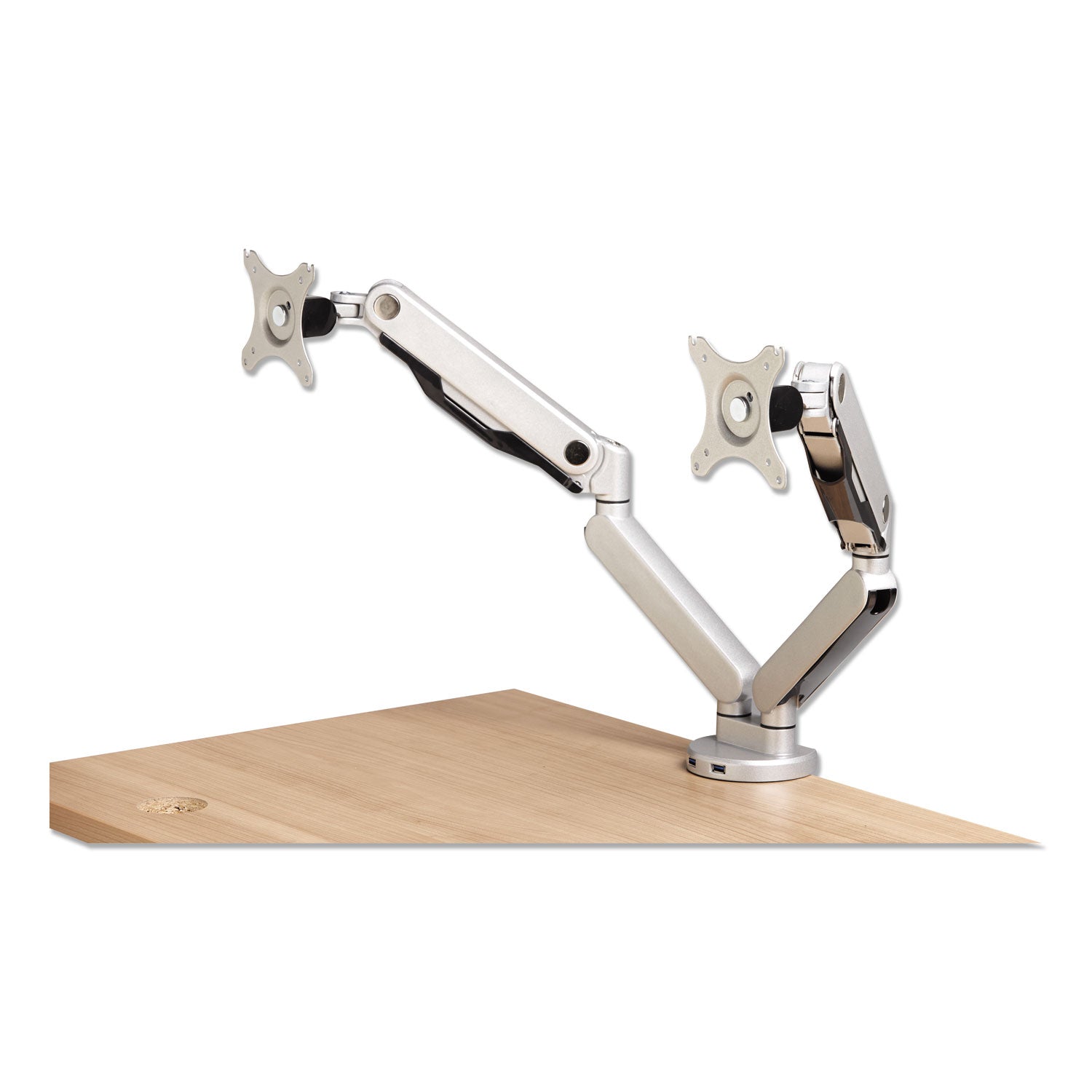 HON® Dual Monitor Arm with USB, for 21" Monitors, 360 deg Rotation/Pan,+15 deg/-85 deg Tilt, Silver, Up to 19.8 lb