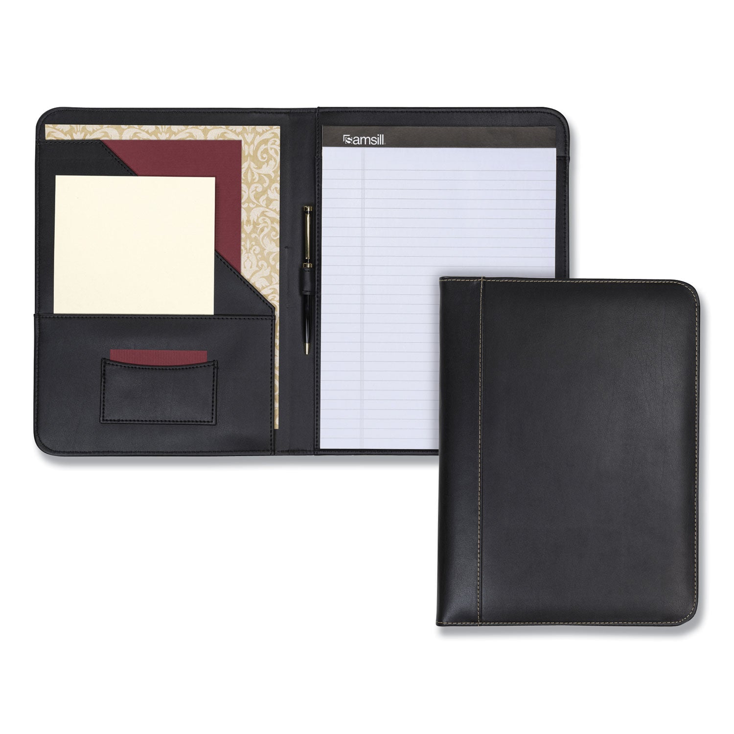 Samsill® Contrast Stitch Leather Padfolio, 8 1/2 X 11, Leather, Black