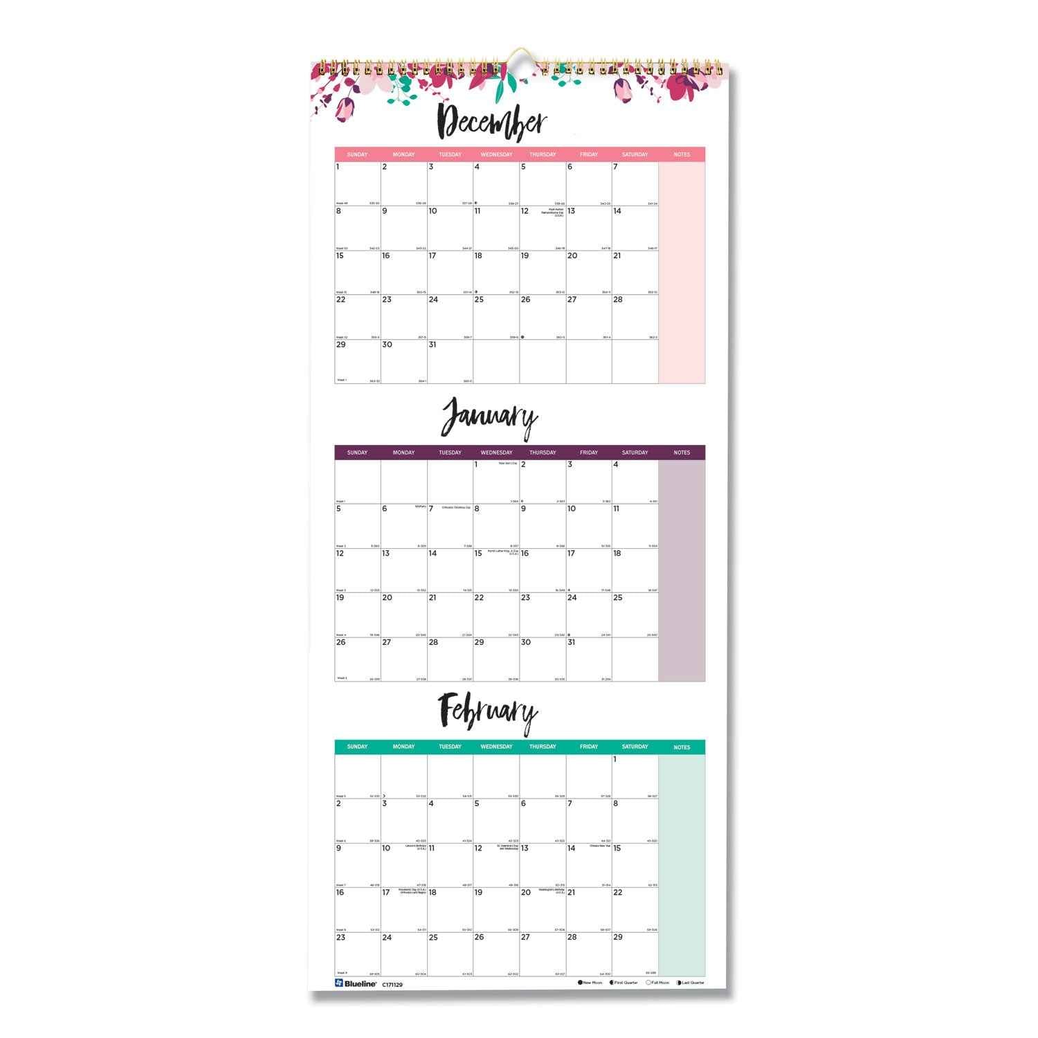 Blueline® 3-Month Wall Calendar, Colorful Leaves Artwork, 12.25 x 27, White/Multicolor Sheets, 14-Month (Dec to Jan): 2025