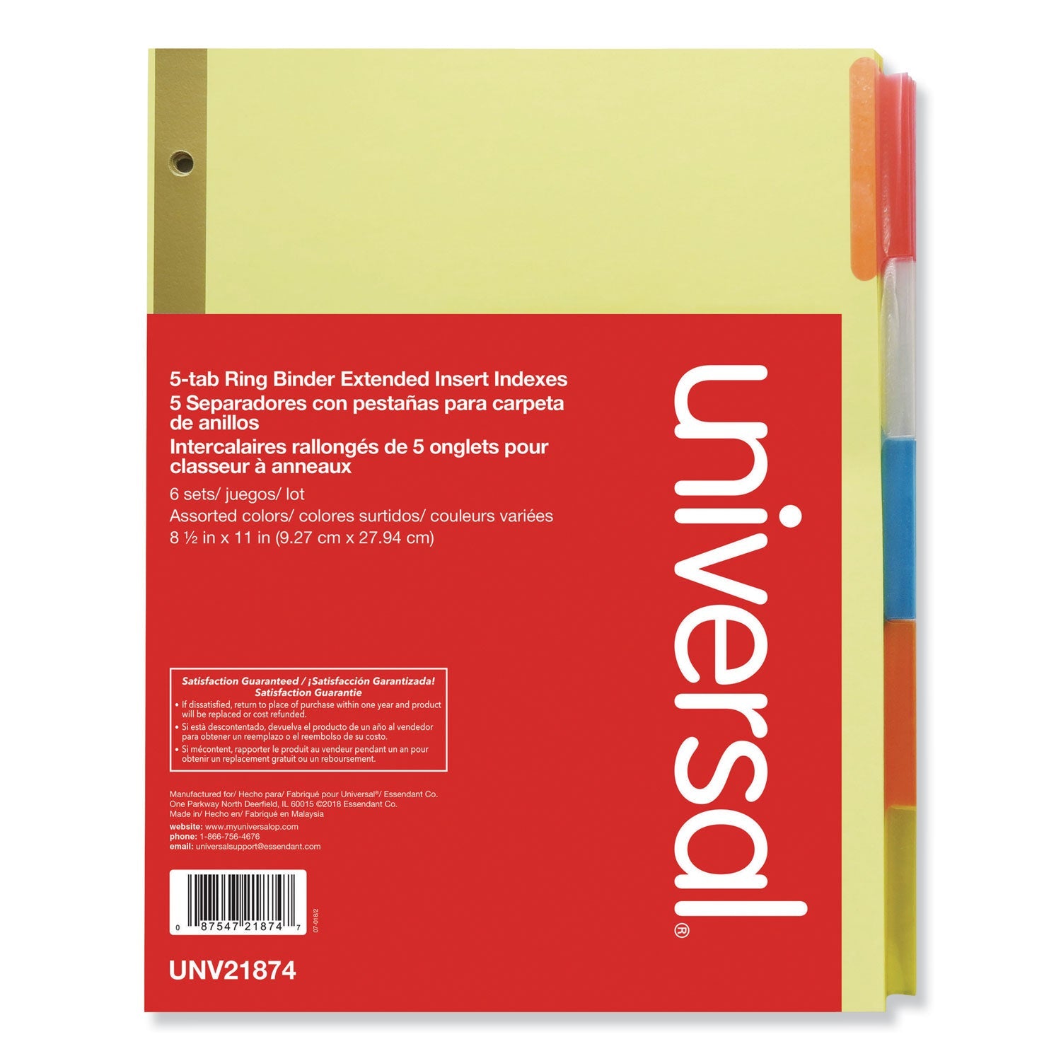 Universal® Deluxe Extended Insertable Tab Indexes, 5-Tab, 11 x 8.5, Buff, Assorted Tabs, 6 Sets