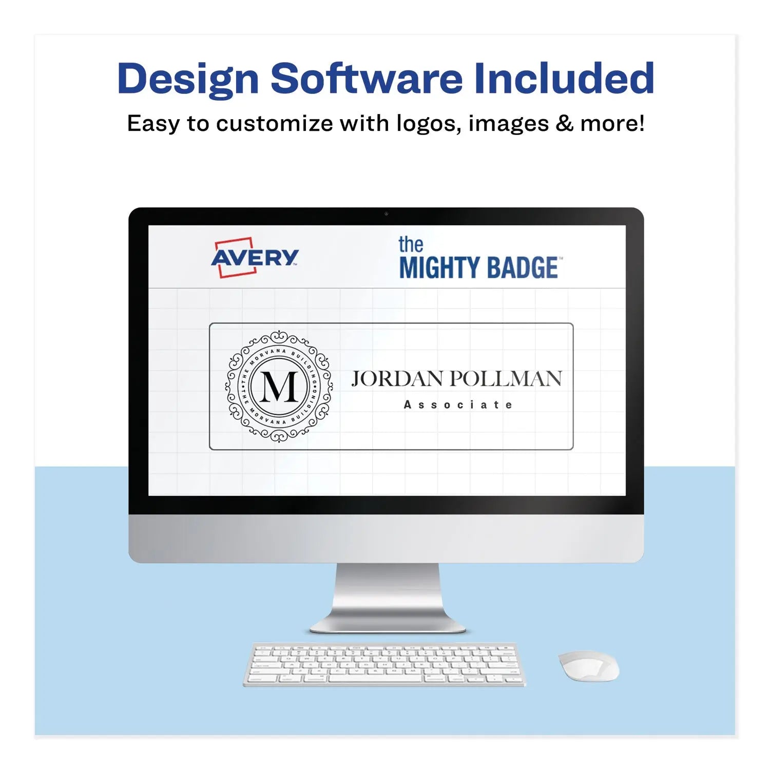 Avery® The Mighty Badge Name Badge Holder Kit, Horizontal, 3 x 1, Laser, Silver, 10 Holders and 80 Inserts/Kit