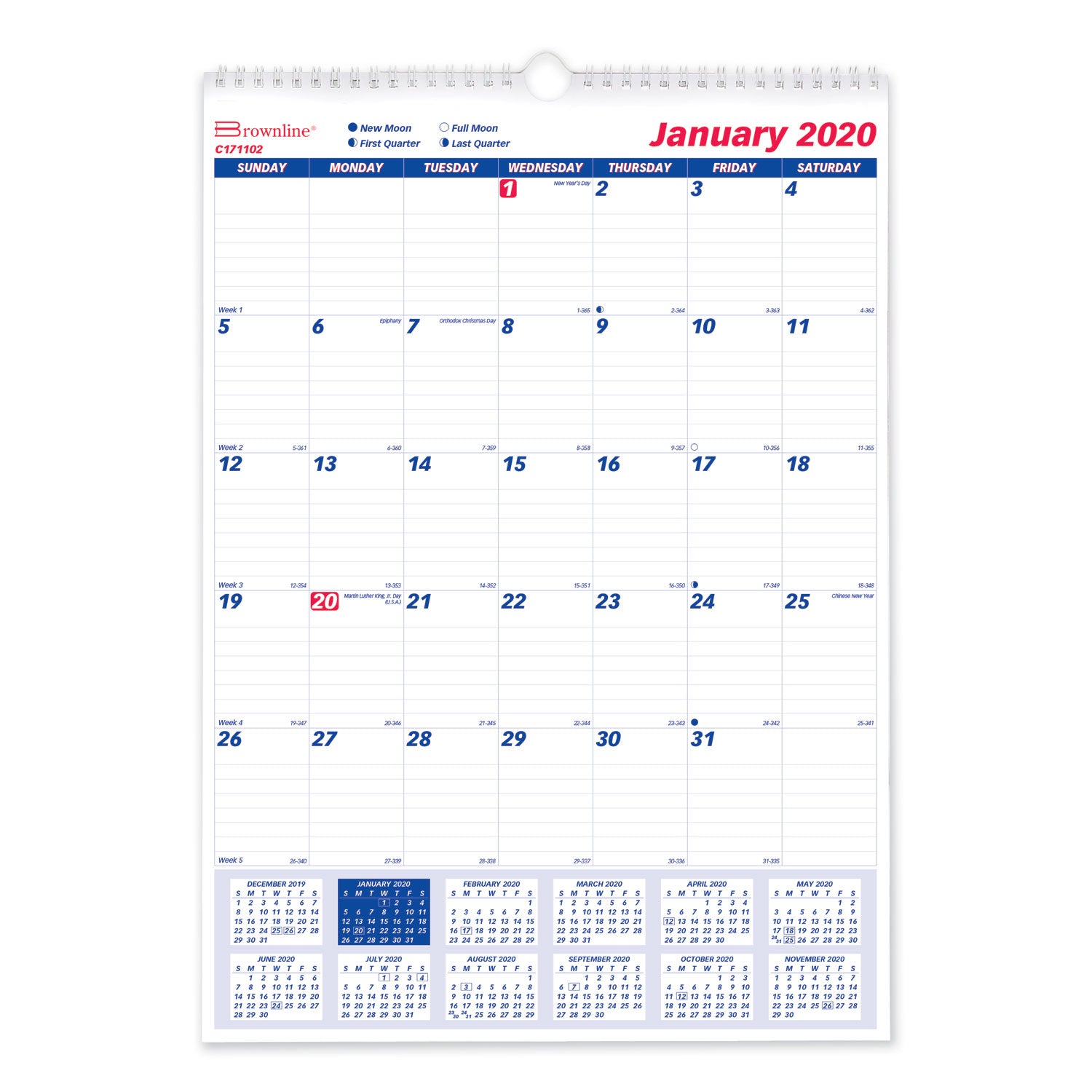 Brownline® Twin-Wirebound Wall Calendar, One Month per Page, 12 x 17, White Sheets, 12-Month (Jan to Dec): 2025
