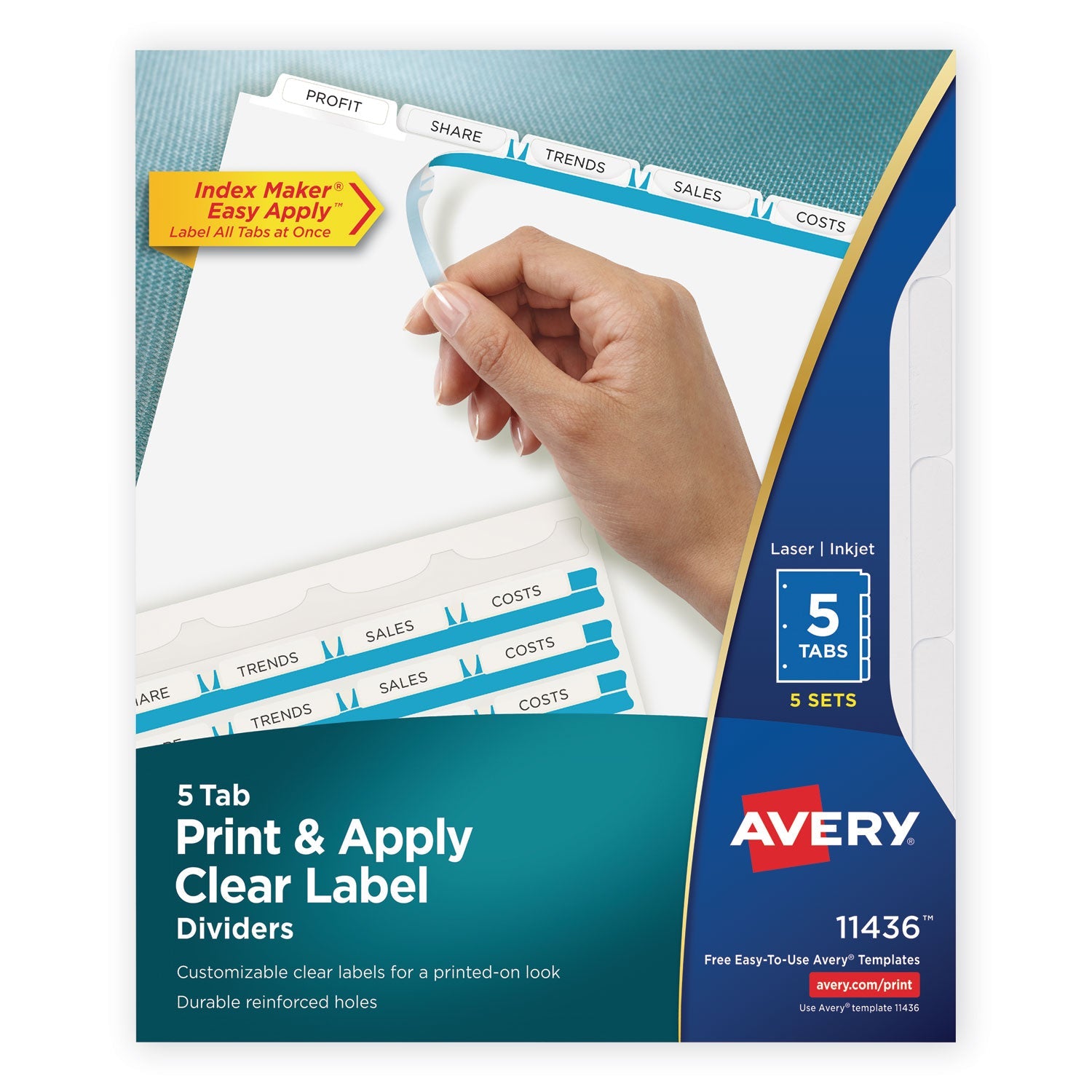 Avery® Print and Apply Index Maker Clear Label Dividers, 5-Tab, White Tabs, 11 x 8.5, White, 5 Sets
