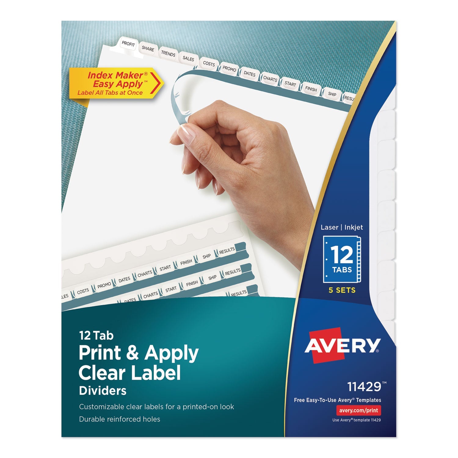 Avery® Print and Apply Index Maker Clear Label Dividers, 12-Tab, White Tabs, 11 x 8.5, White, 5 Sets