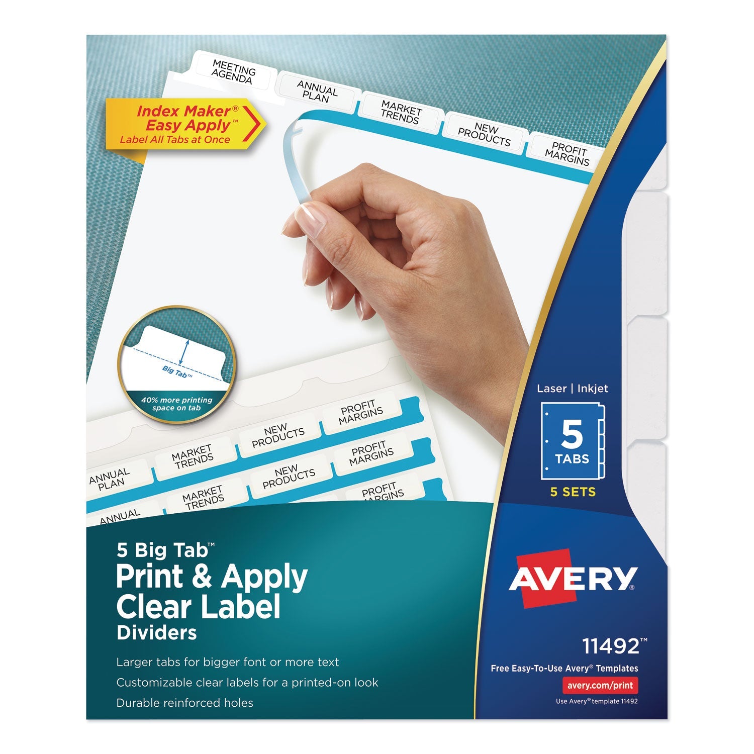 Avery® Print and Apply Index Maker Clear Label Dividers, Big Tab, 5-Tab, White Tabs, 11 x 8.5, White, 5 Sets