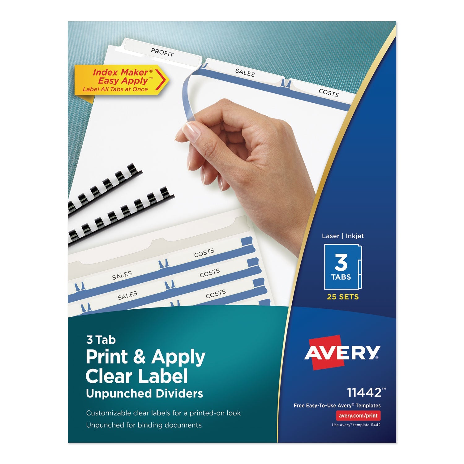 Avery® Print and Apply Index Maker Clear Label Unpunched Dividers, 3-Tab, 11 x 8.5, White, 25 Sets