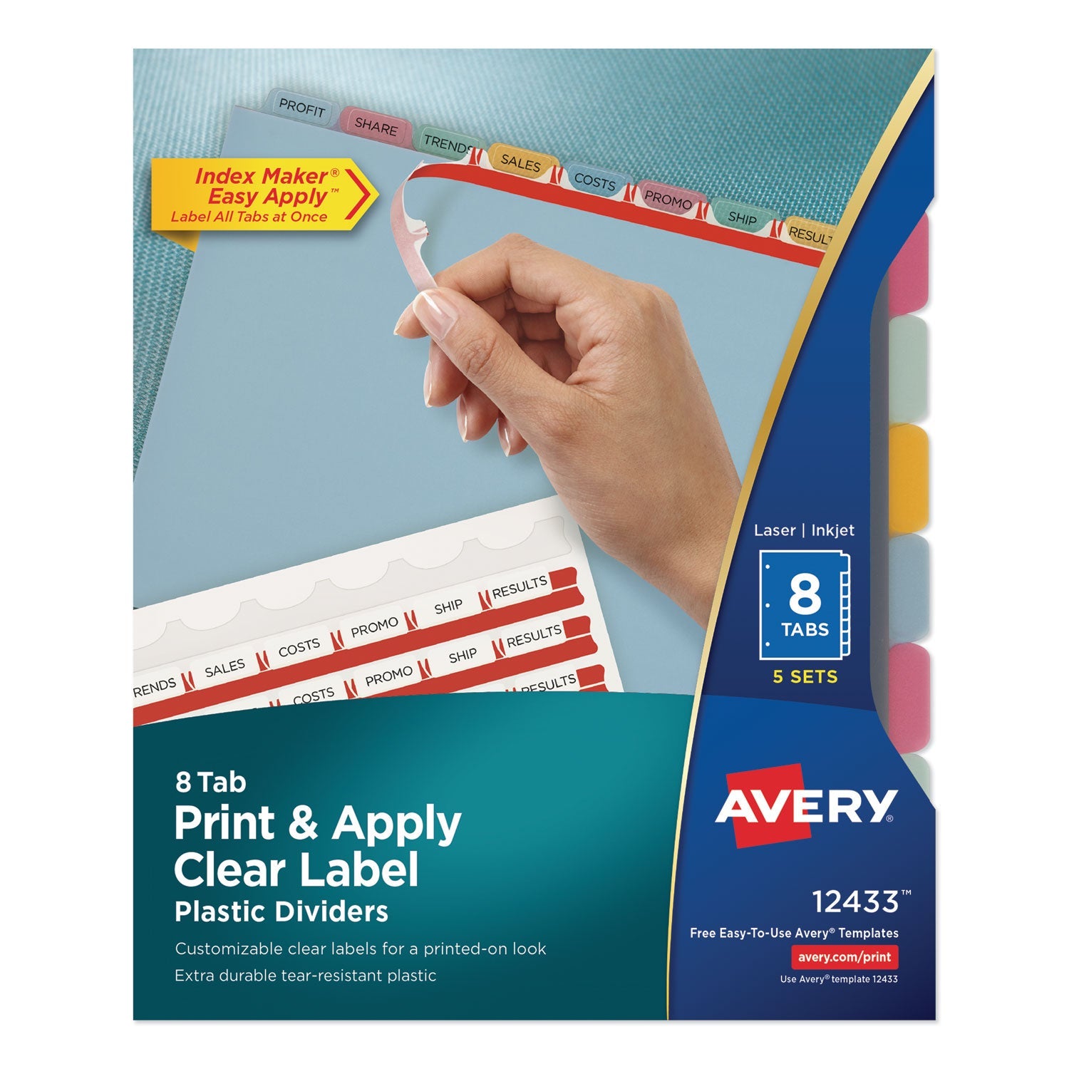 Avery® Print and Apply Index Maker Clear Label Plastic Dividers with Printable Label Strip, 8-Tab, 11 x 8.5, Assorted Tabs, 5 Sets