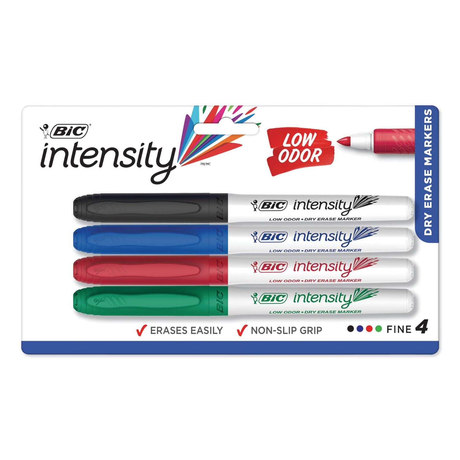 BIC® Intensity Low Odor Fine Point Dry Erase Marker, Fine Bullet Tip, Assorted Colors, 4/set
