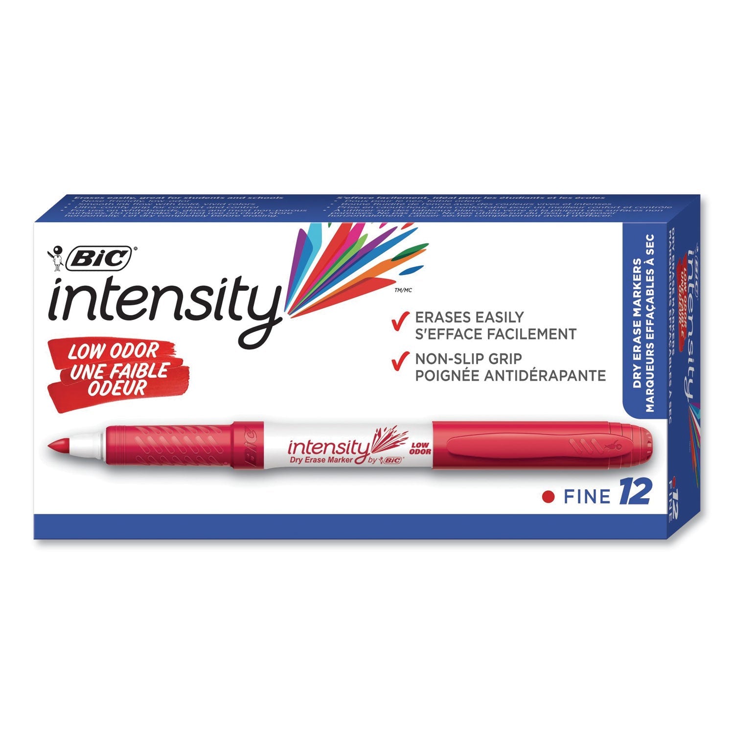 BIC® Intensity Low Odor Fine Point Dry Erase Marker, Fine Bullet Tip, Red, Dozen