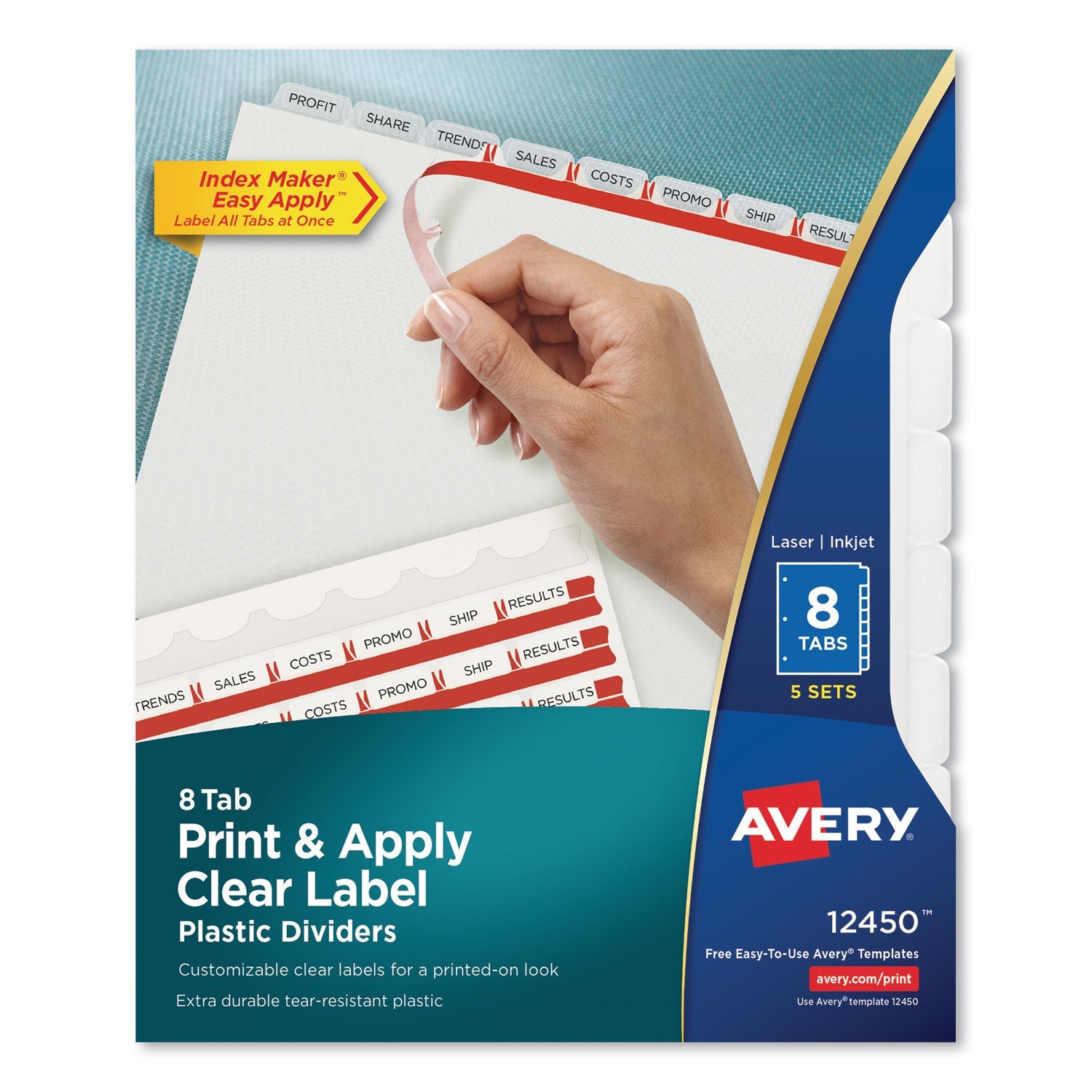 Avery® Print and Apply Index Maker Clear Label Plastic Dividers w/Printable Label Strip, 8-Tab, 11 x 8.5, Frosted Clear Tabs, 5 Sets