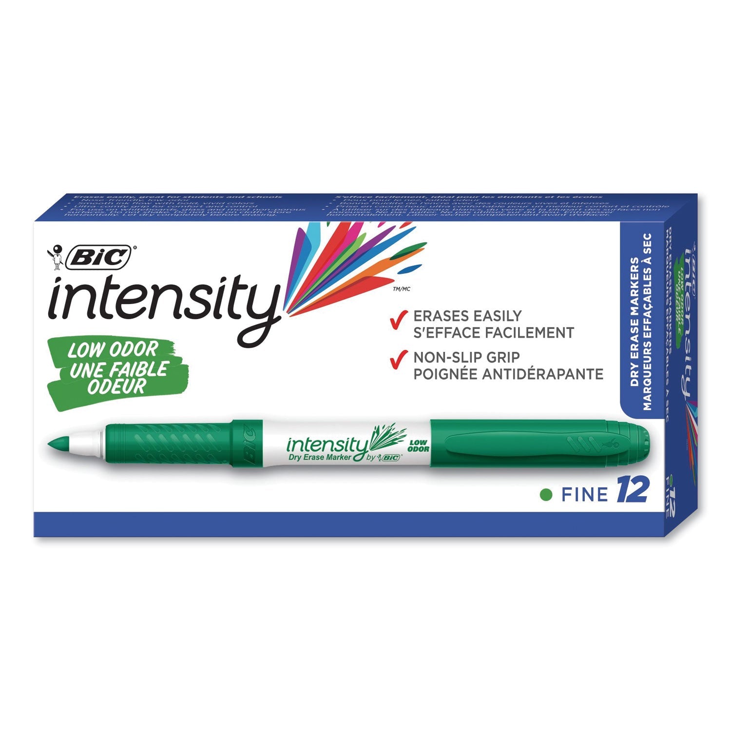 BIC® Intensity Low Odor Fine Point Dry Erase Marker, Fine Bullet Tip, Green, Dozen