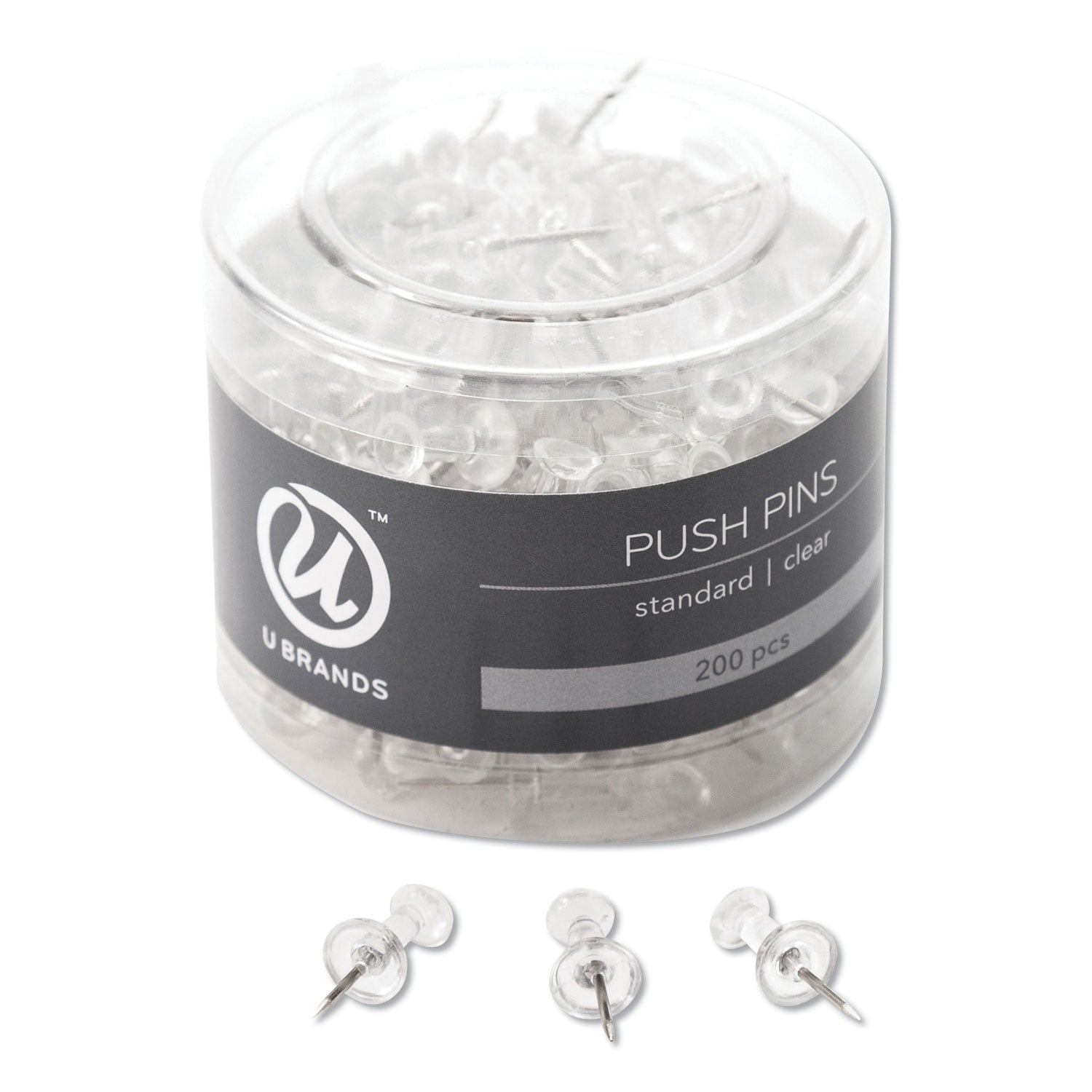 U Brands Standard Push Pins, Plastic, Clear, 0.44", 200/Pack