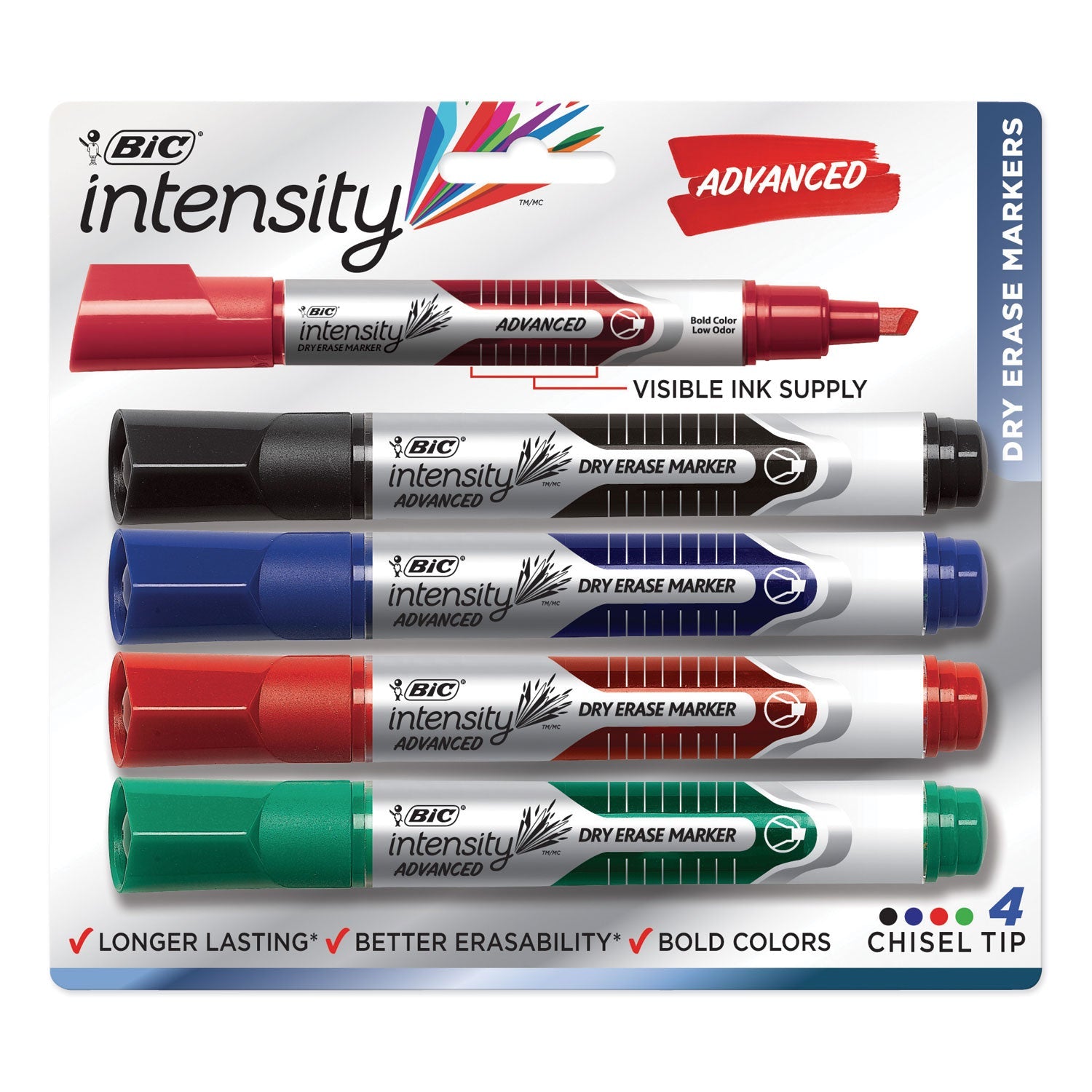 BIC® Intensity Advanced Dry Erase Marker, Tank-Style, Broad Chisel Tip, Assorted Colors, 4/pack