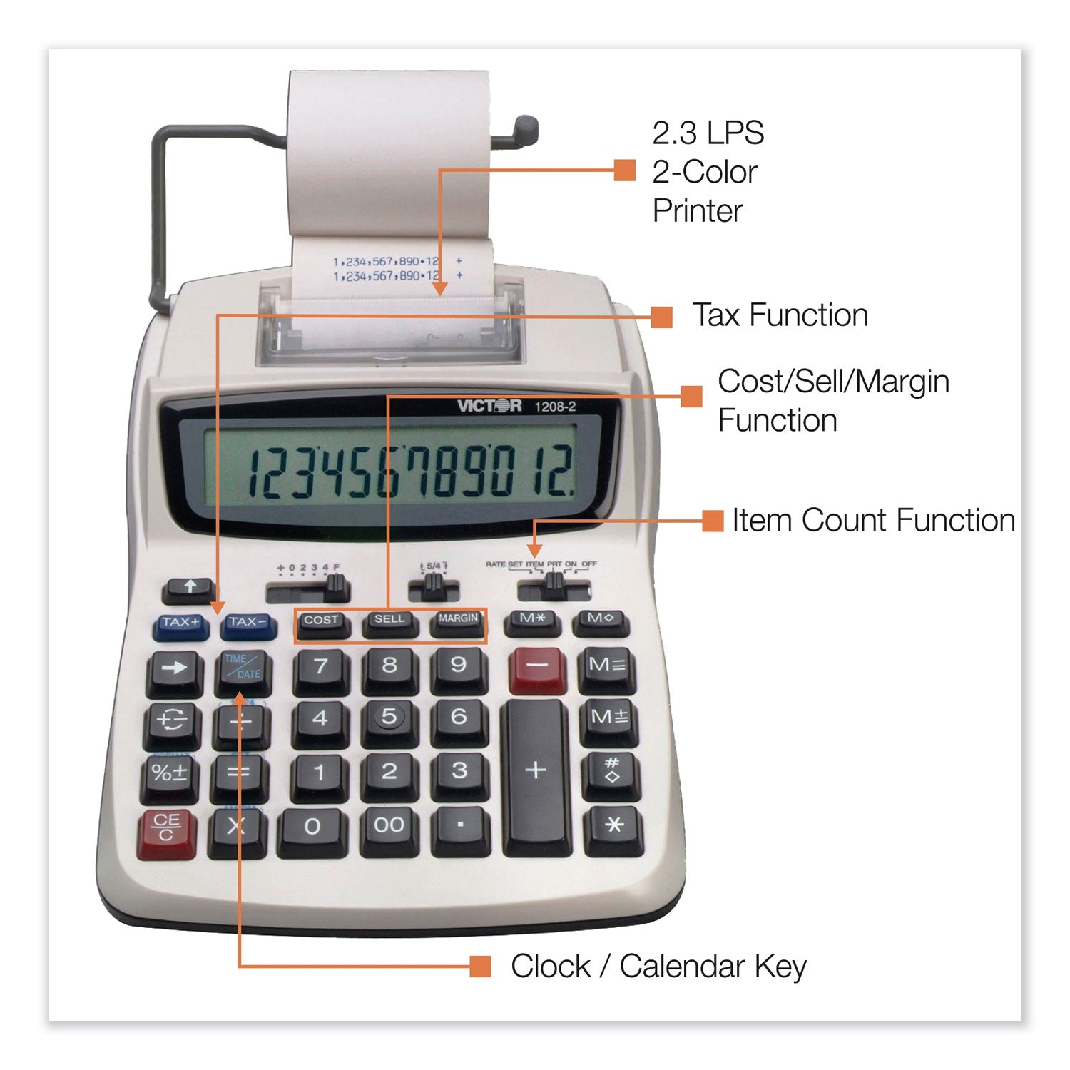 Victor® 1208-2 Two-Color Compact Printing Calculator, Black/red Print, 2.3 Lines/sec