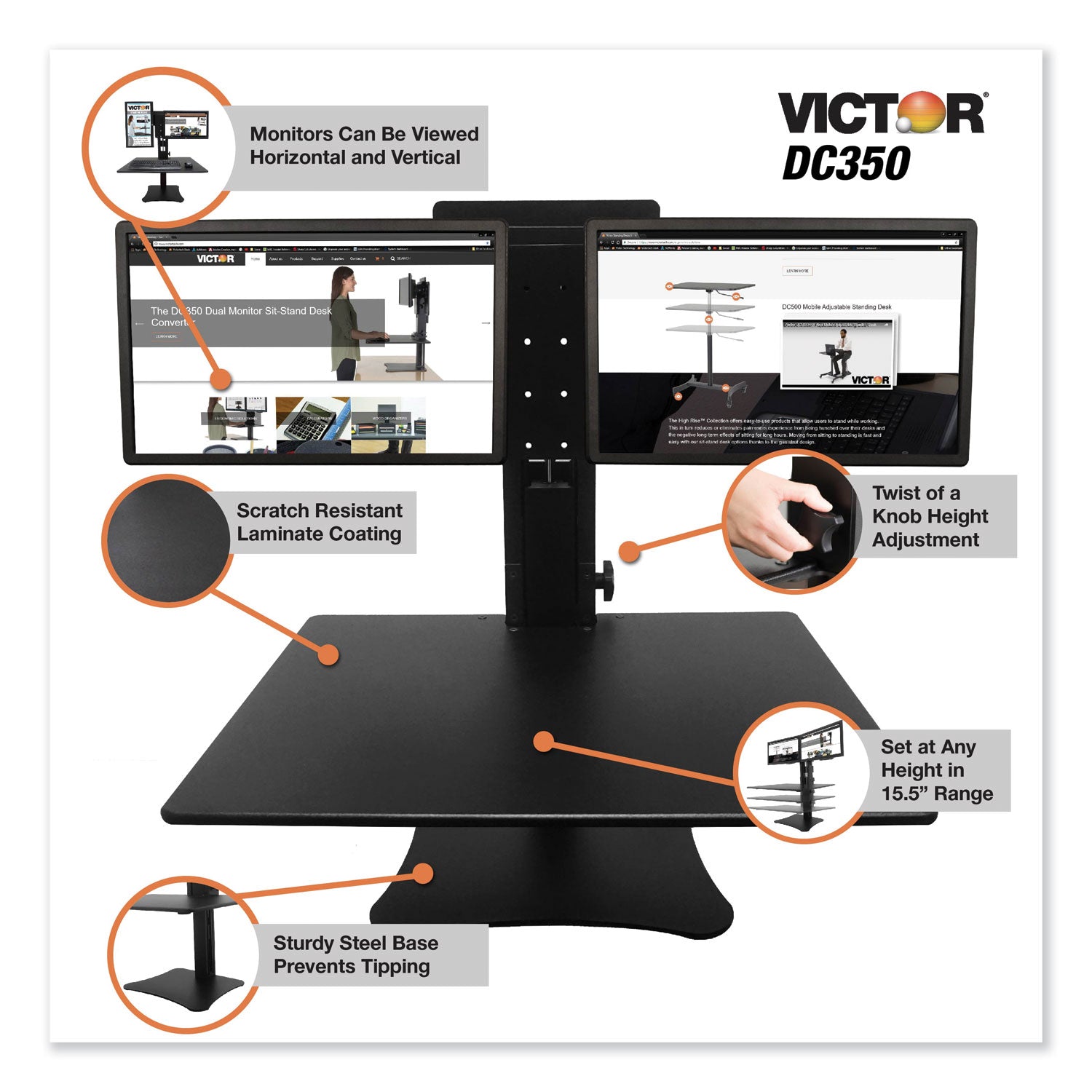 Victor® High Rise Dual Monitor Standing Desk Workstation, 28" X 23" X 10.5" To 15.5", Black - Bloom Skins