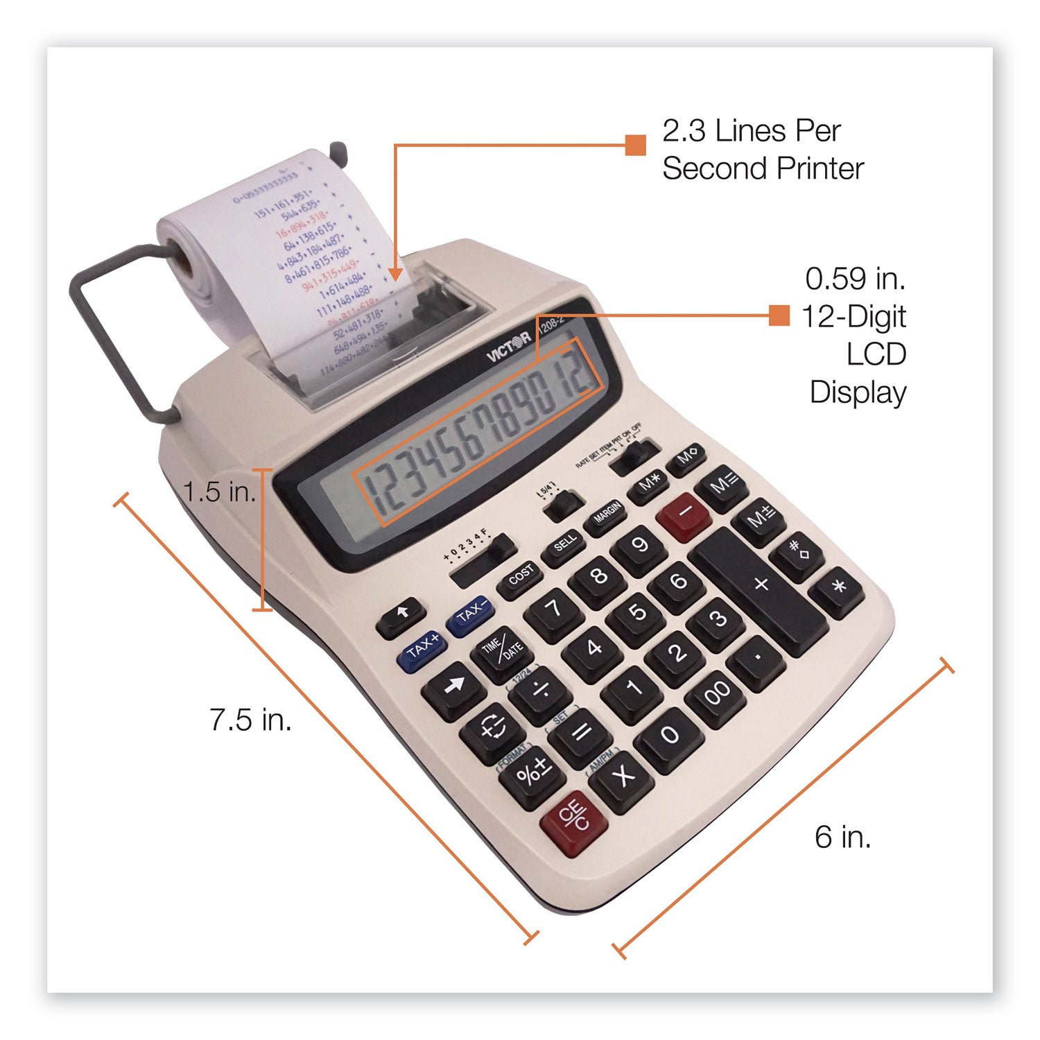 Victor® 1208-2 Two-Color Compact Printing Calculator, Black/red Print, 2.3 Lines/sec
